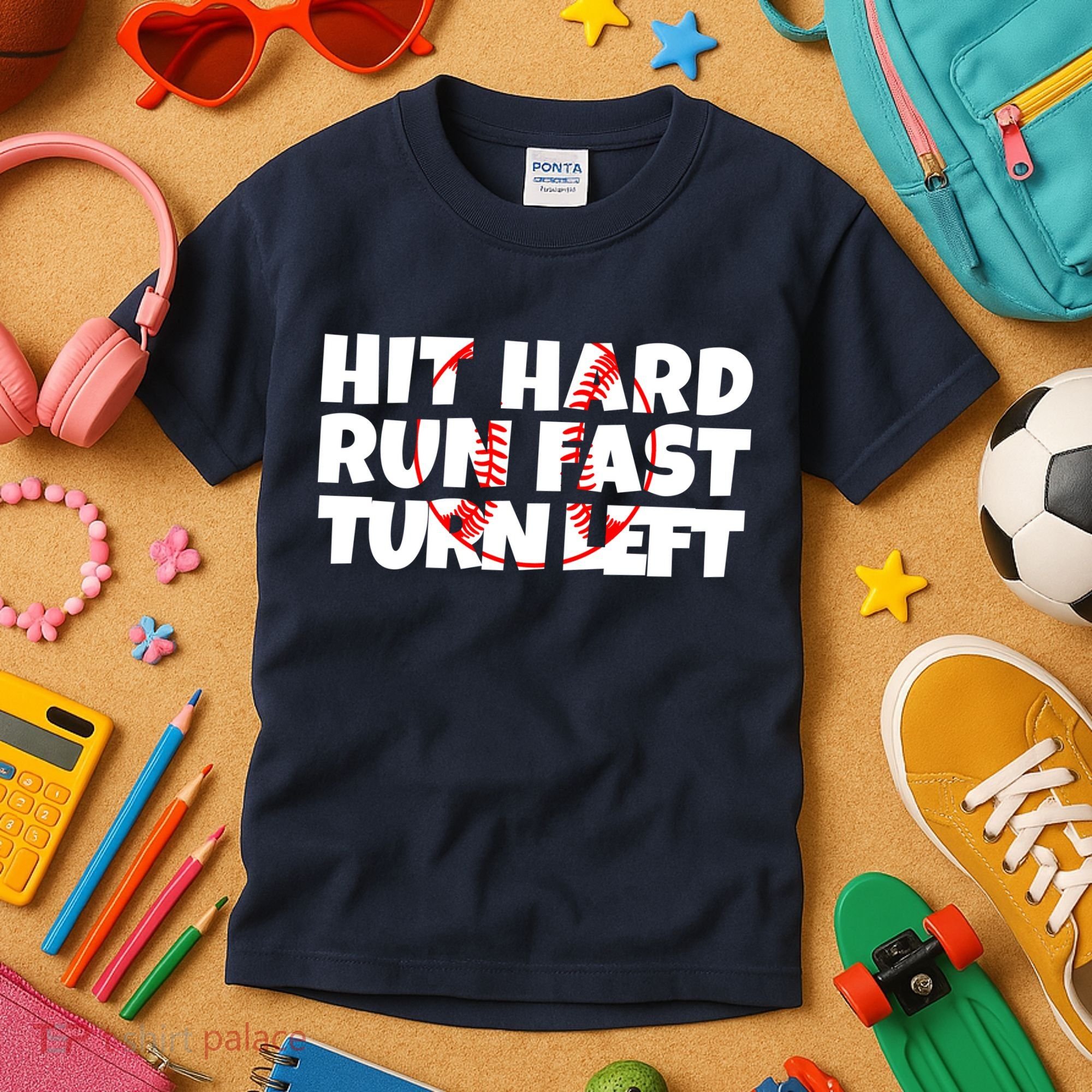 Hit Hard Run Fast Turn Left Funny Baseball Kids T-Shirt