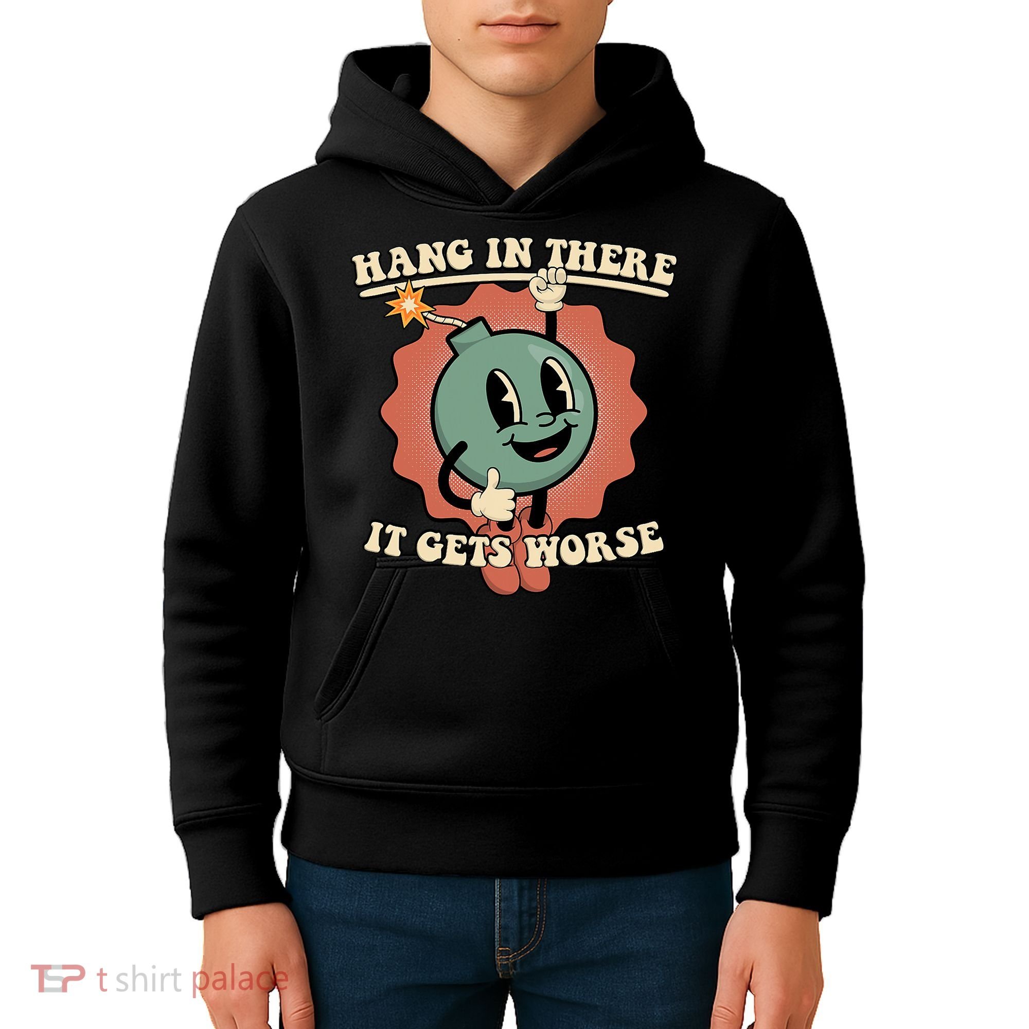 Hang In There It Gets Worse Existential Dread Cartoon Bomb Kids Hoodie