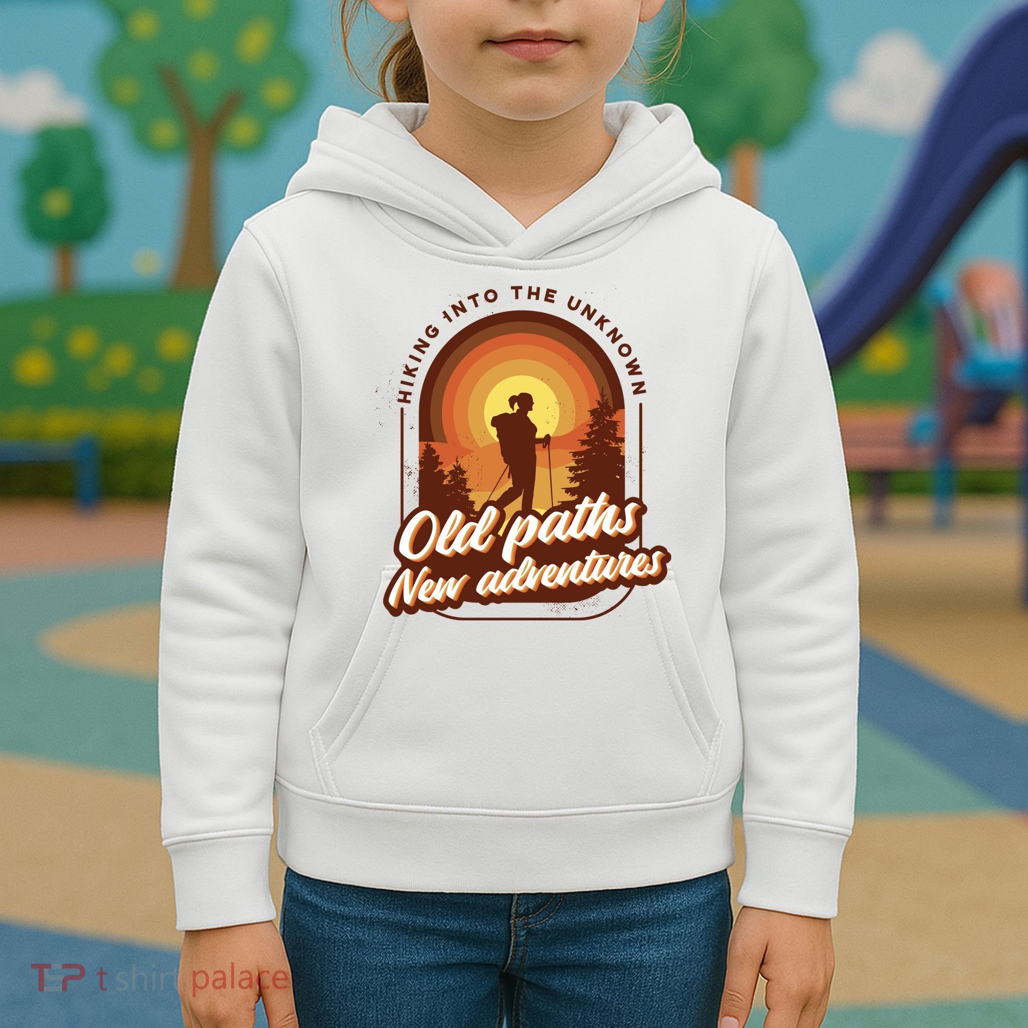 Hiking Into The Unknown Old Paths New Adventures Kids Hoodie