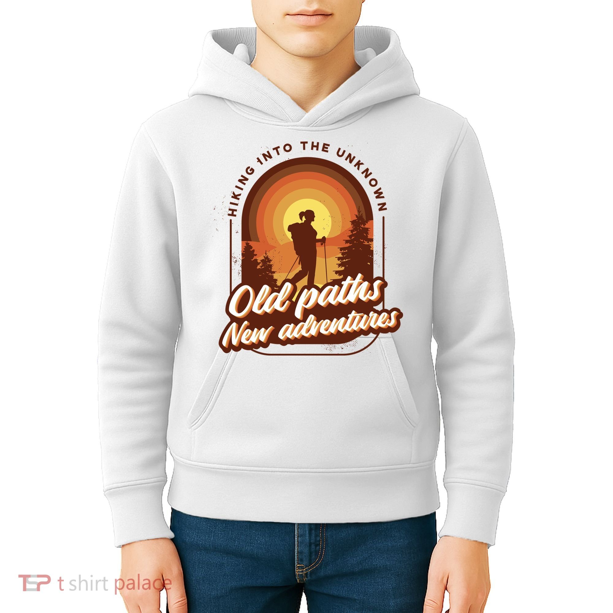 Hiking Into The Unknown Old Paths New Adventures Kids Hoodie