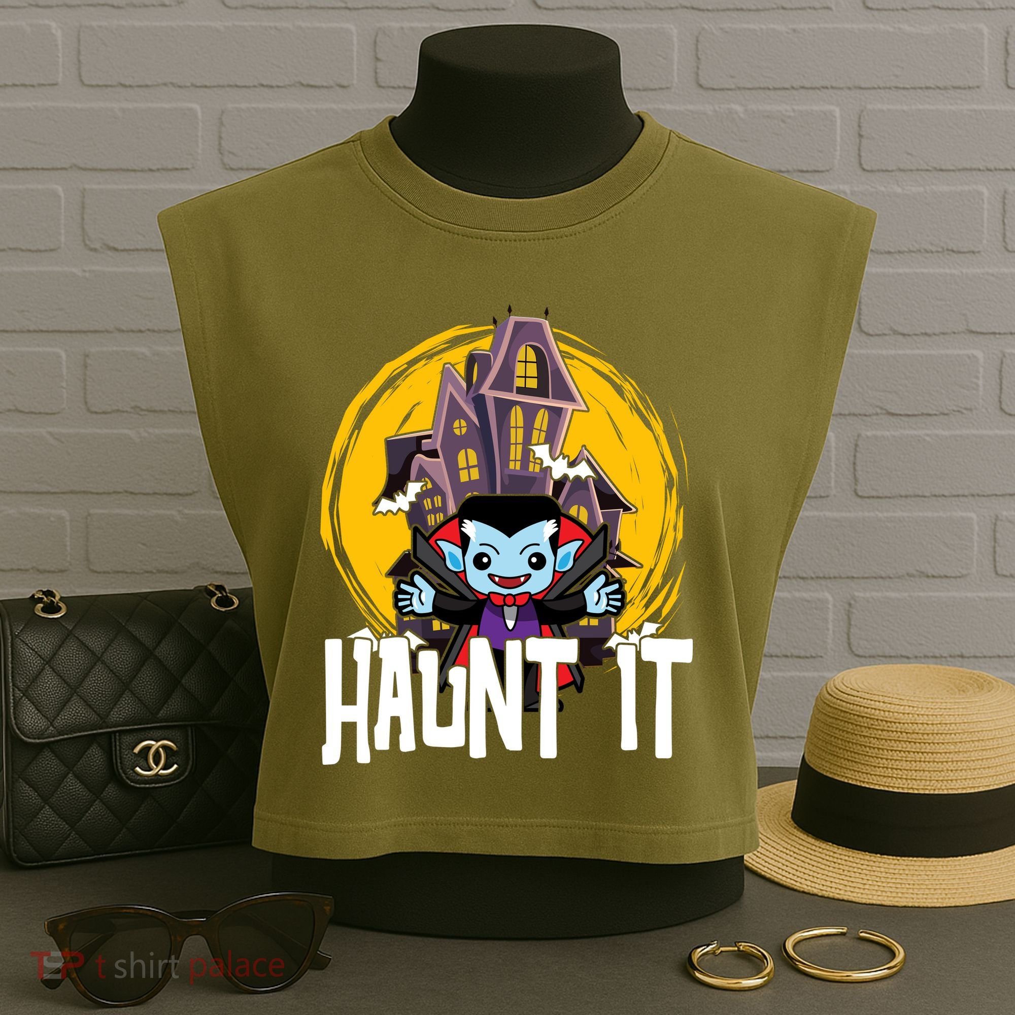 Haunt It Vampire Spooky Halloween Garment-Dyed Women's Muscle Tee