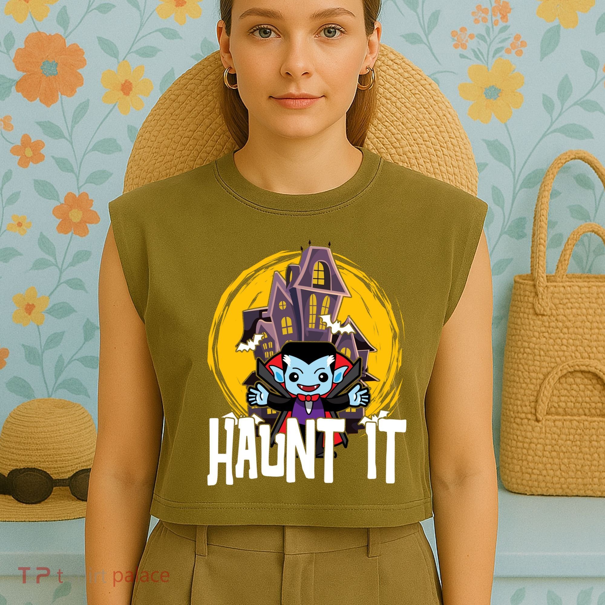 Haunt It Vampire Spooky Halloween Garment-Dyed Women's Muscle Tee