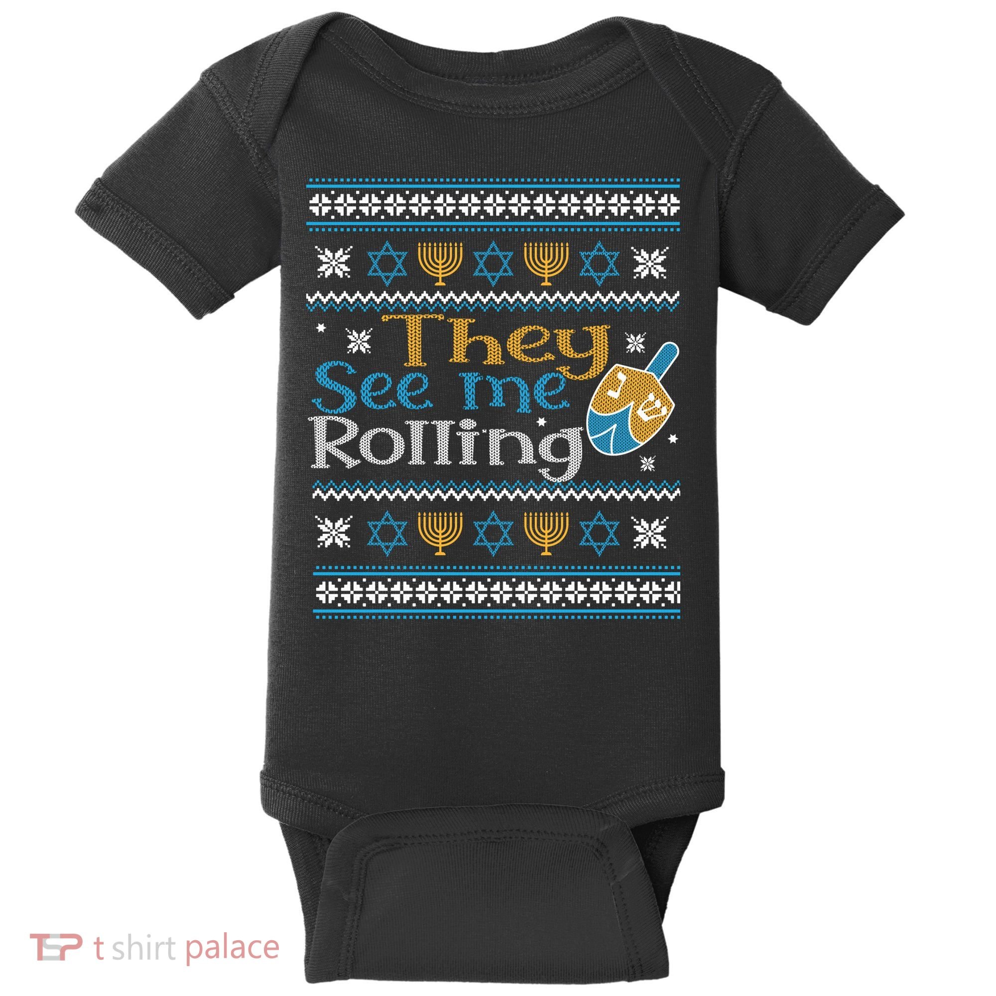 Hanukkah Jewish Dreidel They See Me Rolling Ugly Sweater Baby Bodysuit