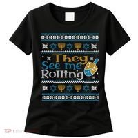 Hanukkah Jewish Dreidel They See Me Rolling Ugly Sweater Women's T-Shirt thumb 0