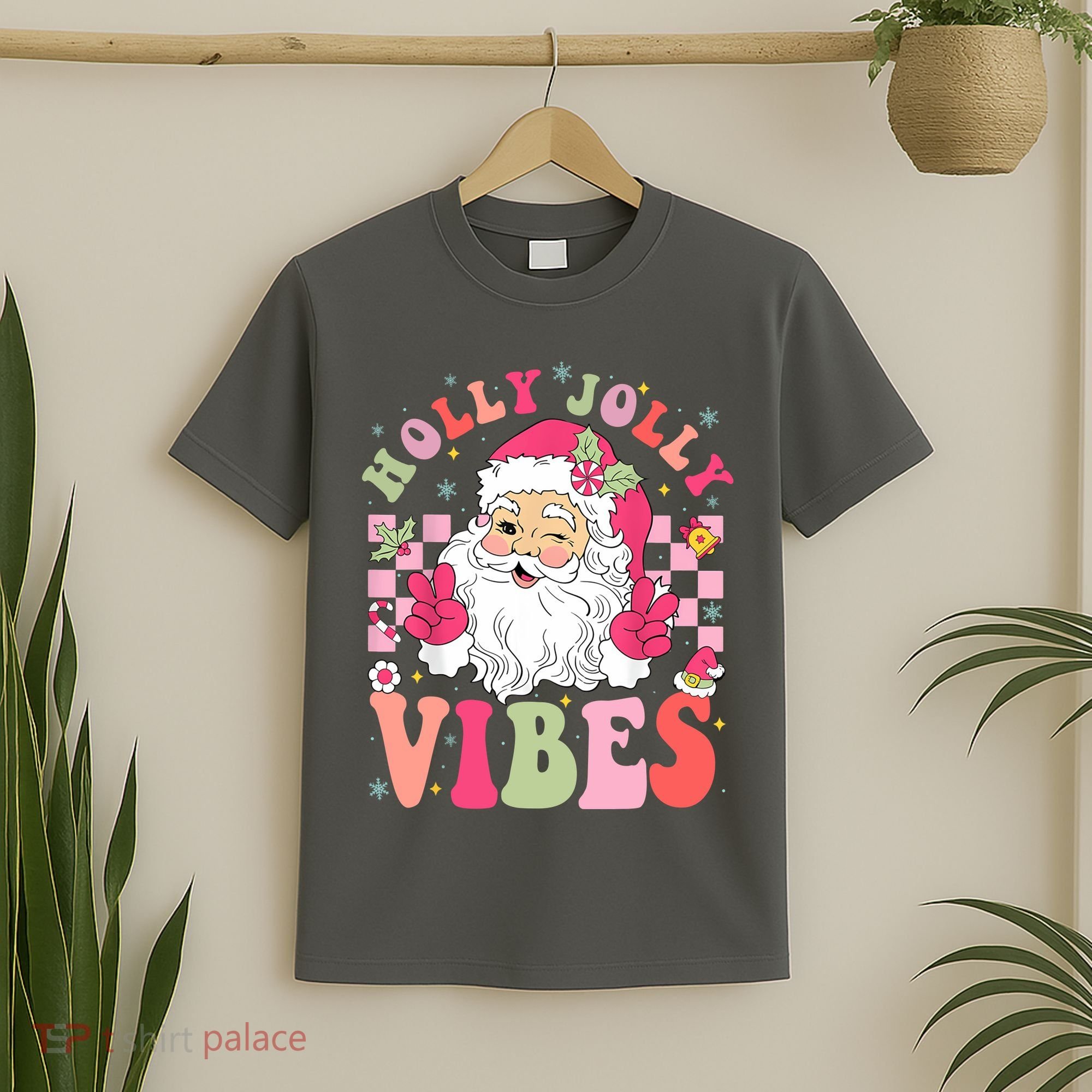 Holly Jolly Vibes Groovy Cute Santa Claus Christmas T-Shirt