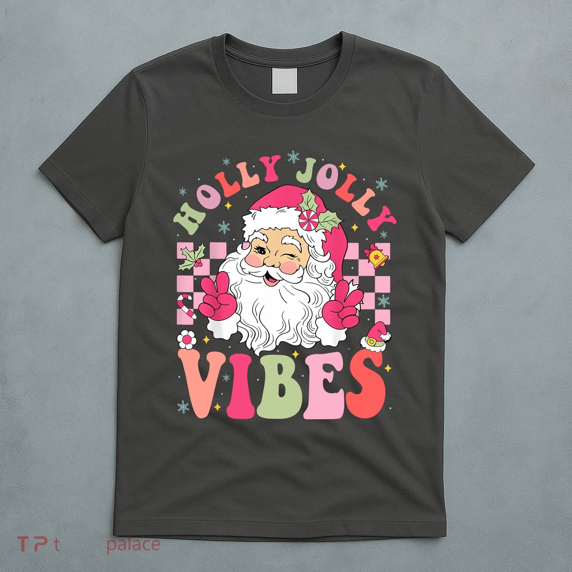 Holly Jolly Vibes Groovy Cute Santa Claus Christmas T-Shirt