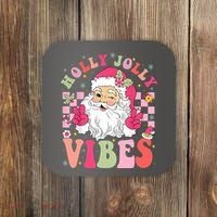 Holly Jolly Vibes Groovy Cute Santa Claus Christmas Coaster thumb 0