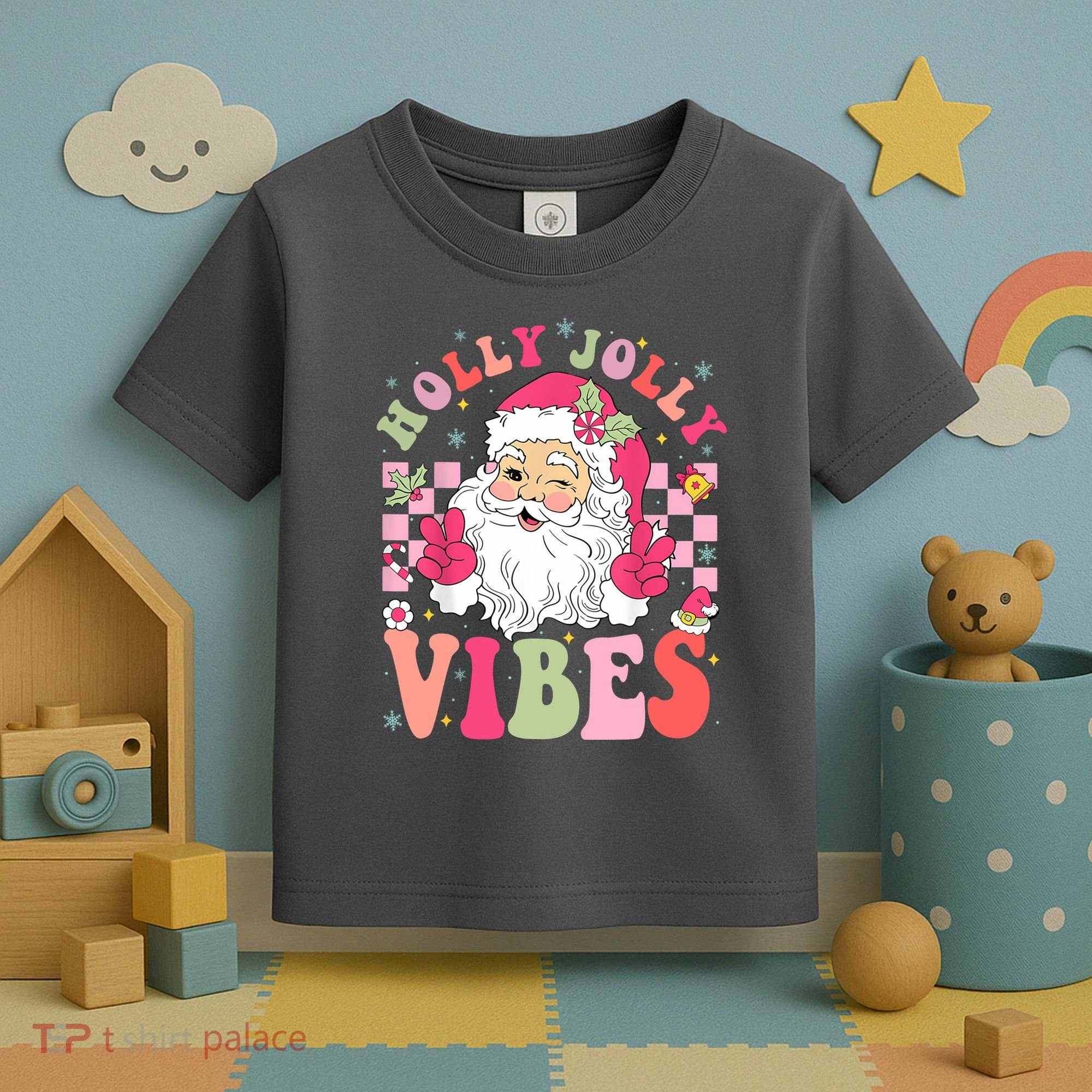 Holly Jolly Vibes Groovy Cute Santa Claus Christmas Toddler T-Shirt