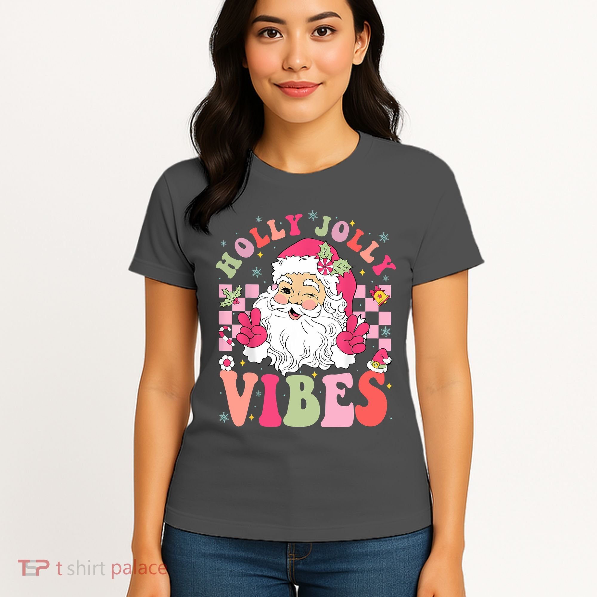 Holly Jolly Vibes Groovy Cute Santa Claus Christmas Women's T-Shirt