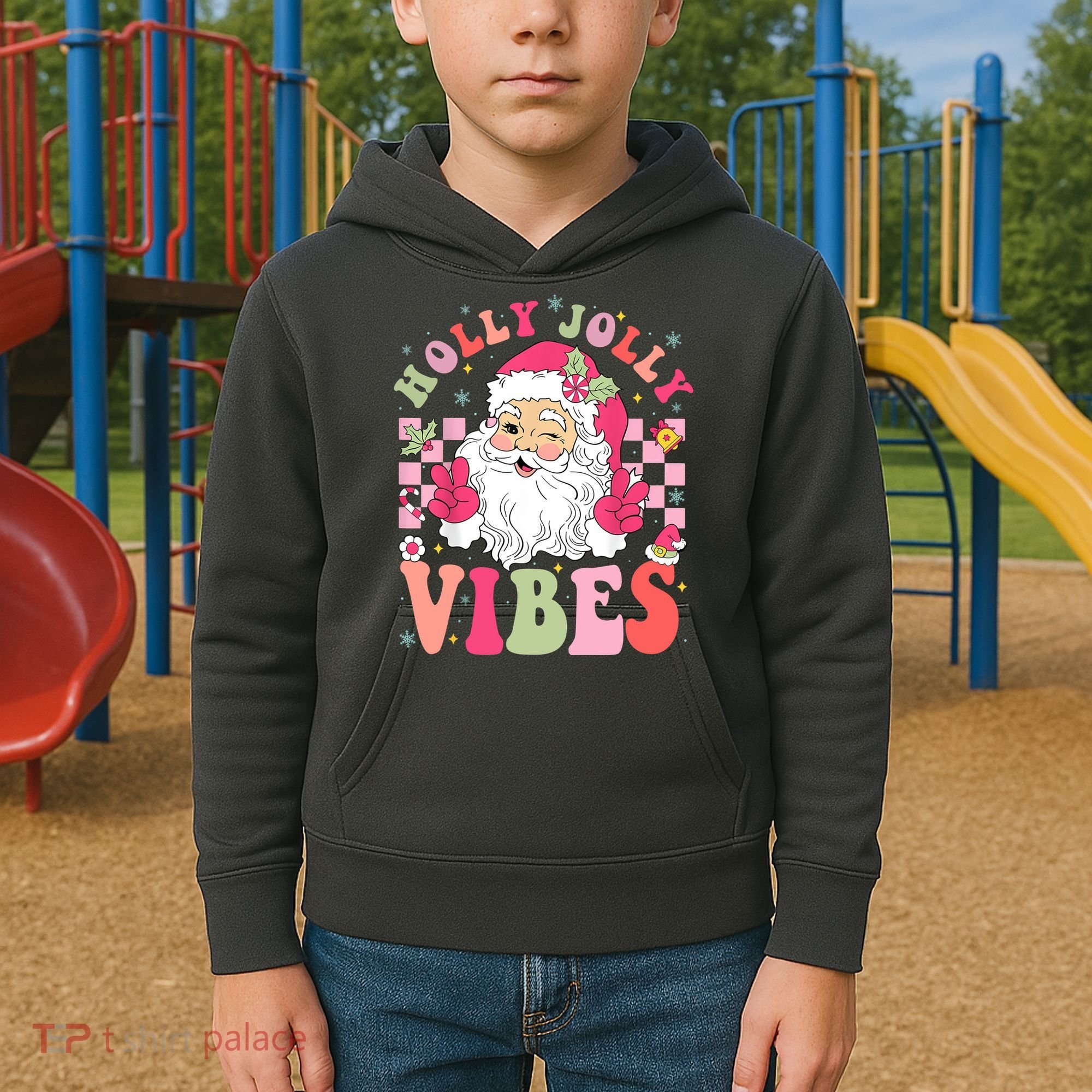 Holly Jolly Vibes Groovy Cute Santa Claus Christmas Kids Hoodie