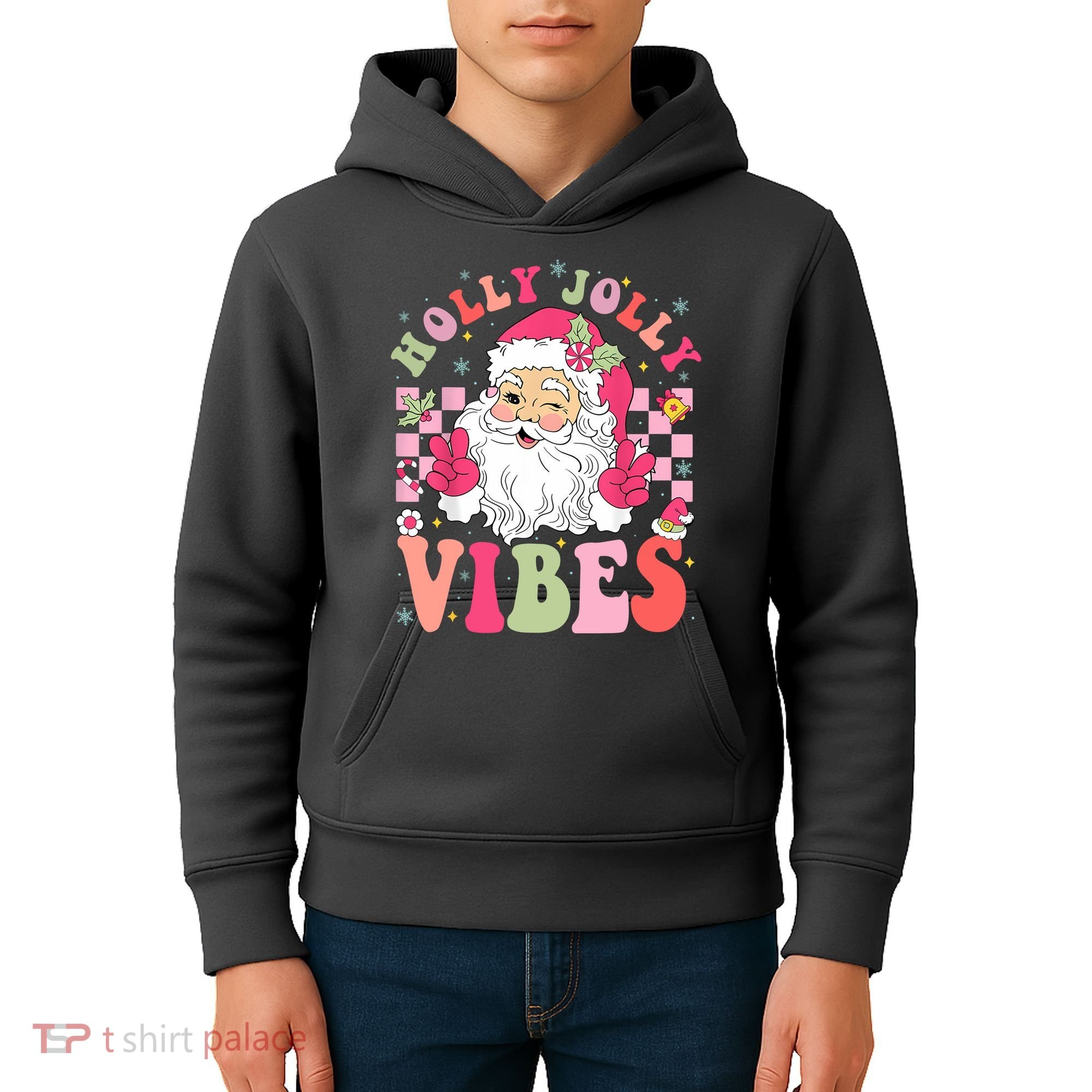 Holly Jolly Vibes Groovy Cute Santa Claus Christmas Kids Hoodie