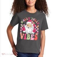 Holly Jolly Vibes Groovy Cute Santa Claus Christmas Kids T-Shirt thumb 2