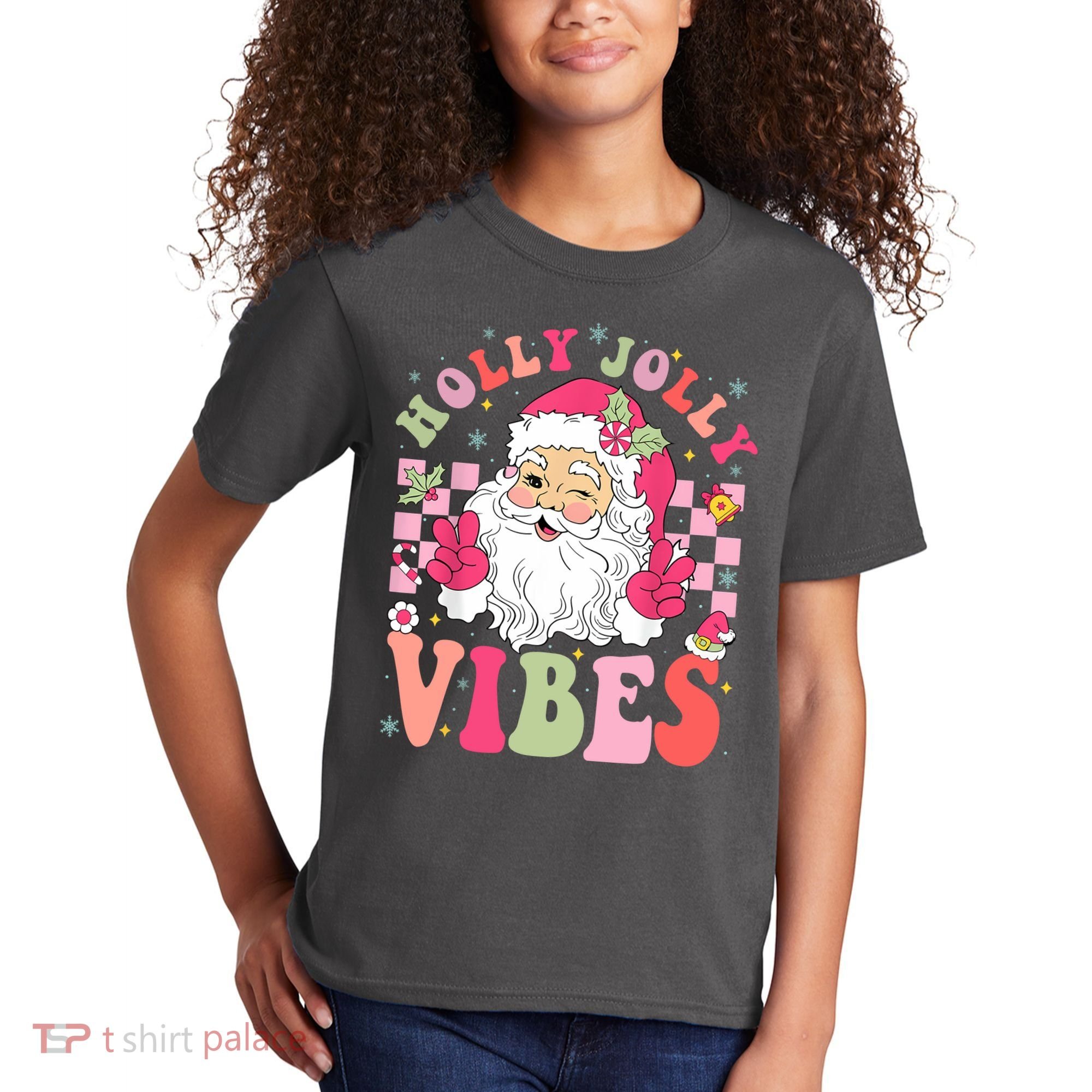 Holly Jolly Vibes Groovy Cute Santa Claus Christmas Kids T-Shirt