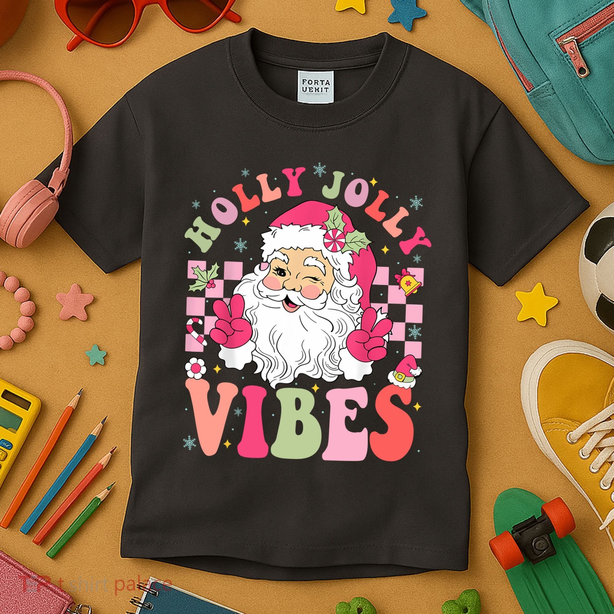 Holly Jolly Vibes Groovy Cute Santa Claus Christmas Kids T-Shirt