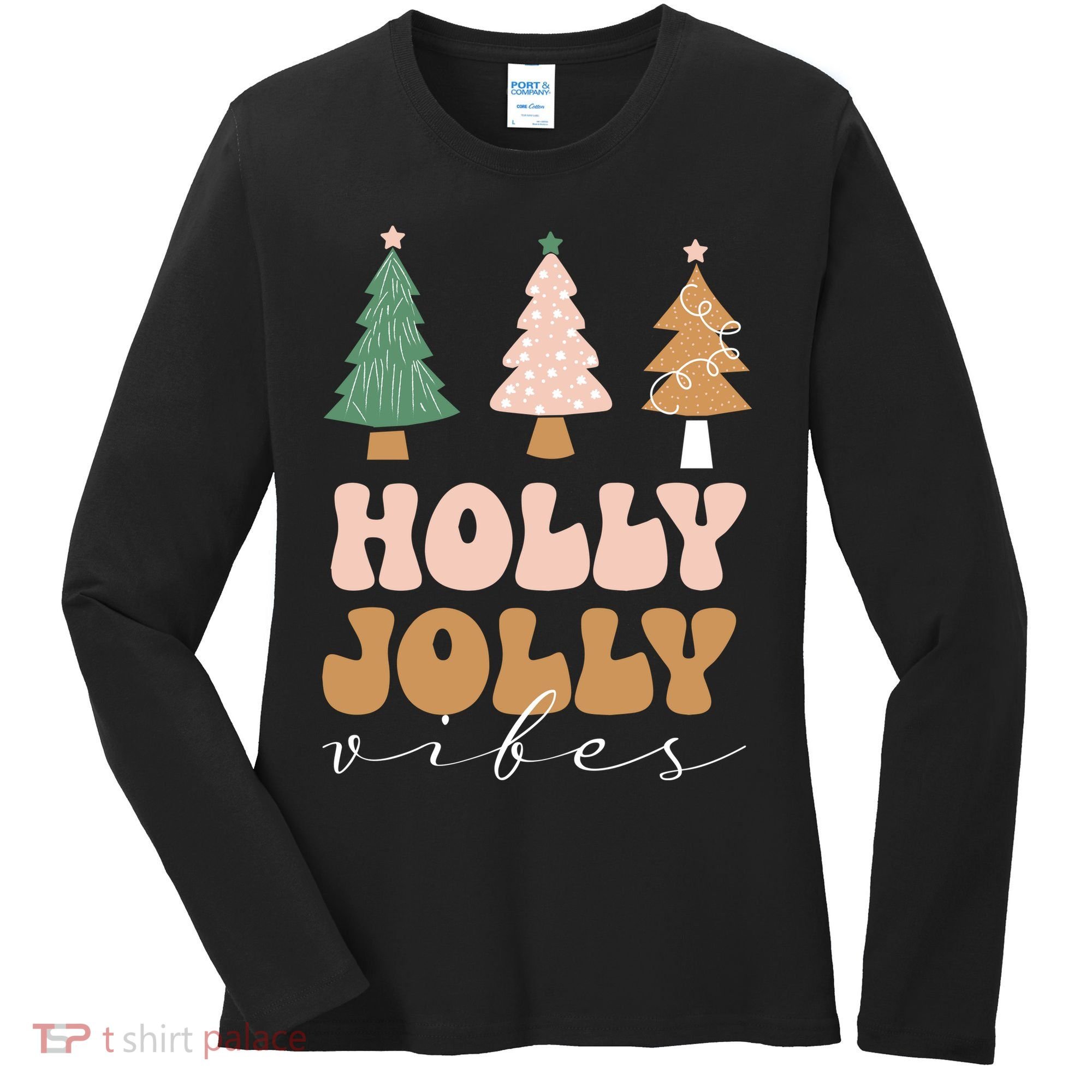 Holly Jolly Vibes Retro Groovy Women's Long Sleeve Shirt