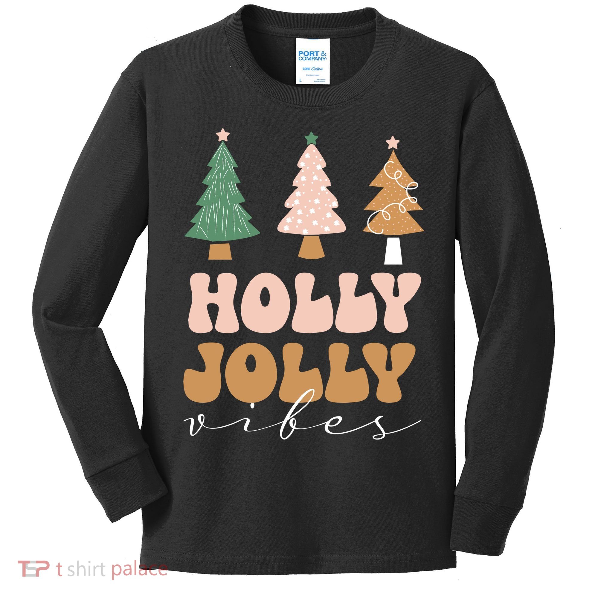 Holly Jolly Vibes Retro Groovy Kids Long Sleeve Shirt