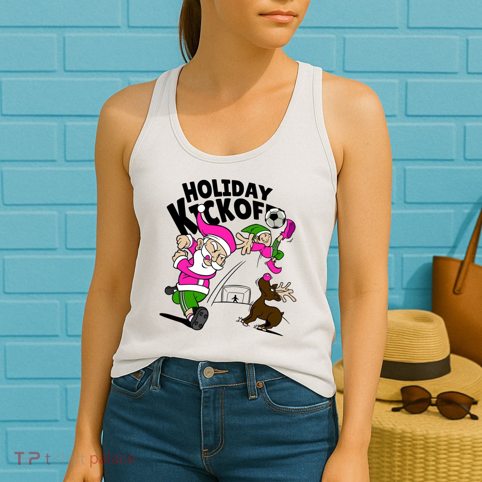 Holiday Kickoff Christmas Santa Elf Reindeer Funny Soccer Women's Tank Top