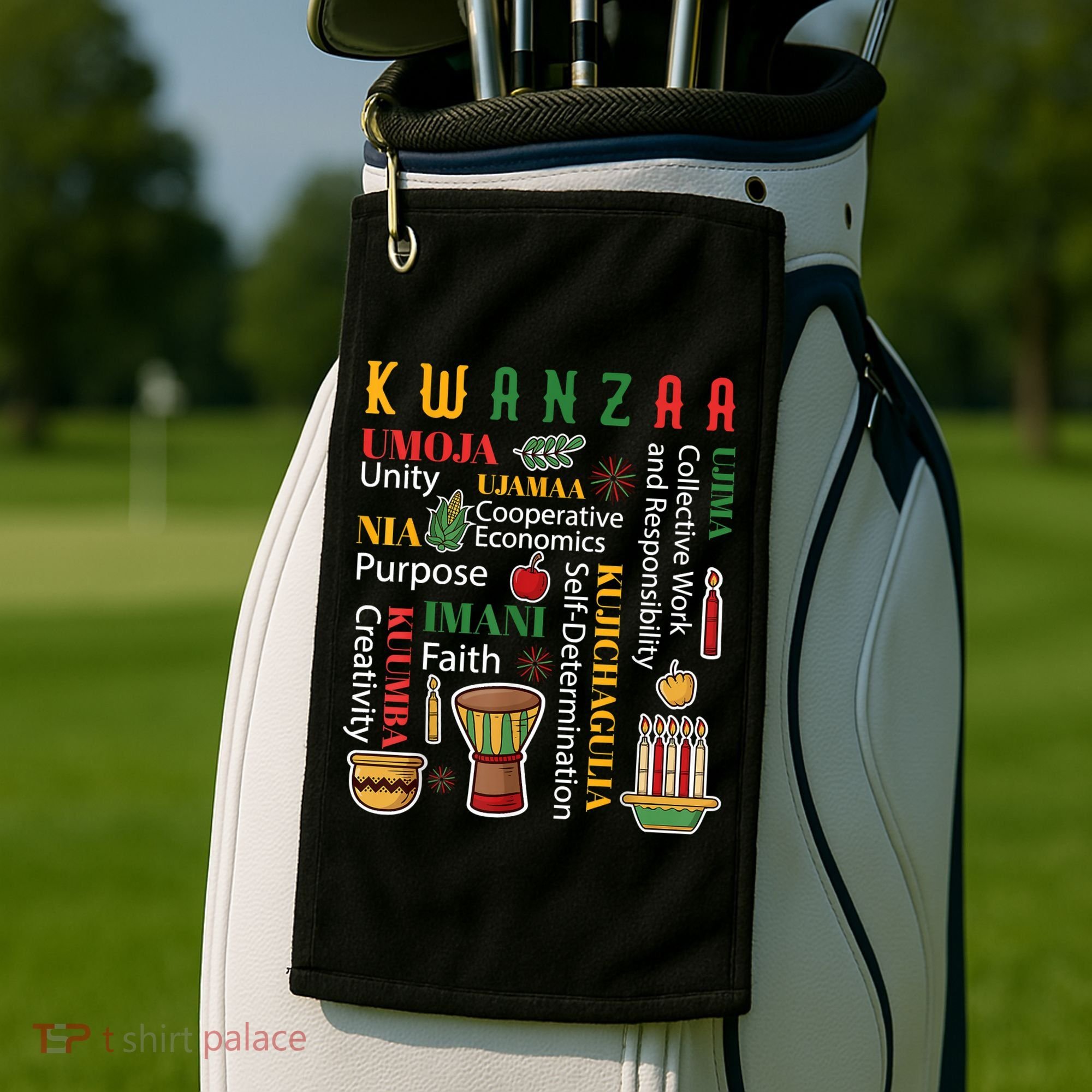 Happy Kwanzaa Drum Kinara Seven Candles Africa Celebration Golf Towel