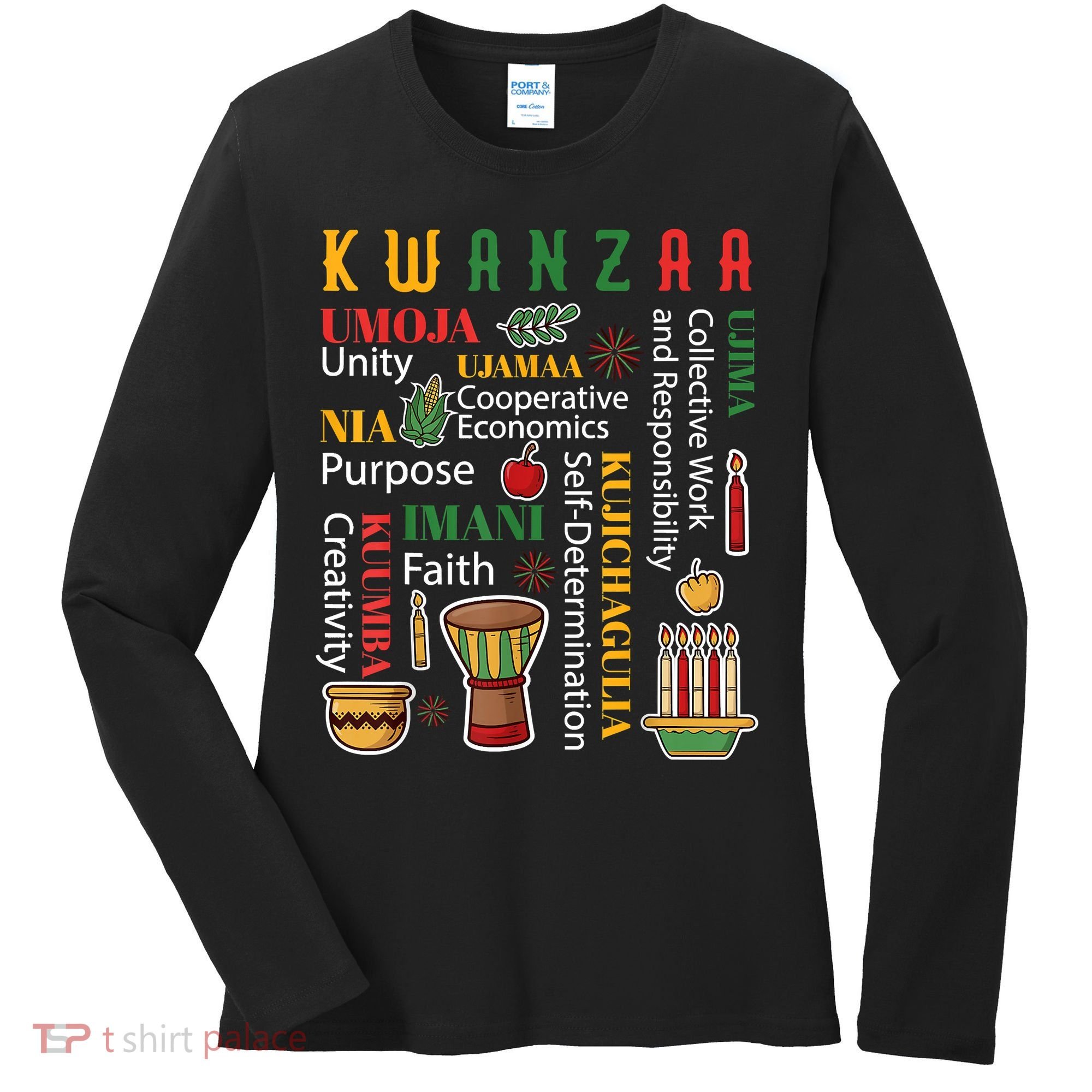 Happy Kwanzaa Drum Kinara Seven Candles Africa Celebration Women's Long Sleeve Shirt
