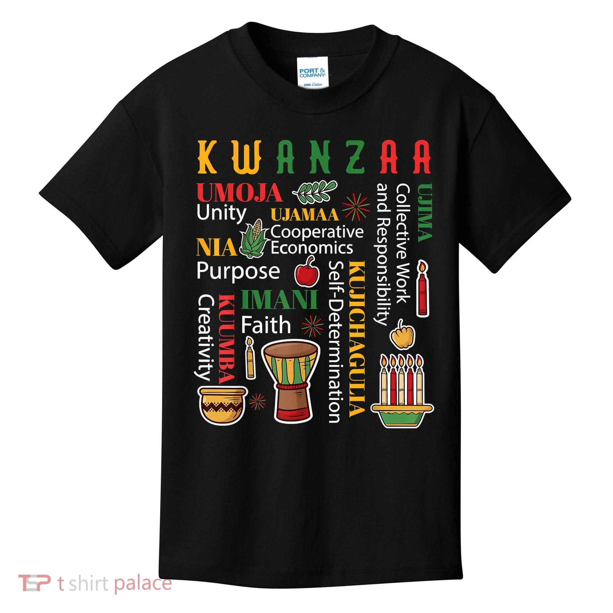 Happy Kwanzaa Drum Kinara Seven Candles Africa Celebration Kids T-Shirt