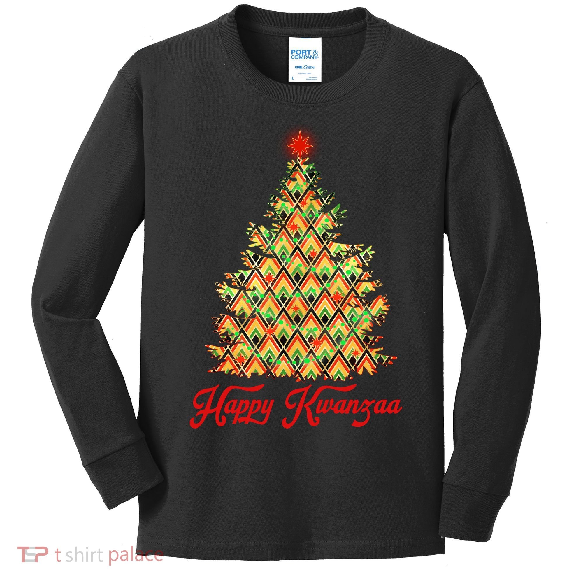 Happy Kwanzaa Pattern Christmas Tree Kids Long Sleeve Shirt