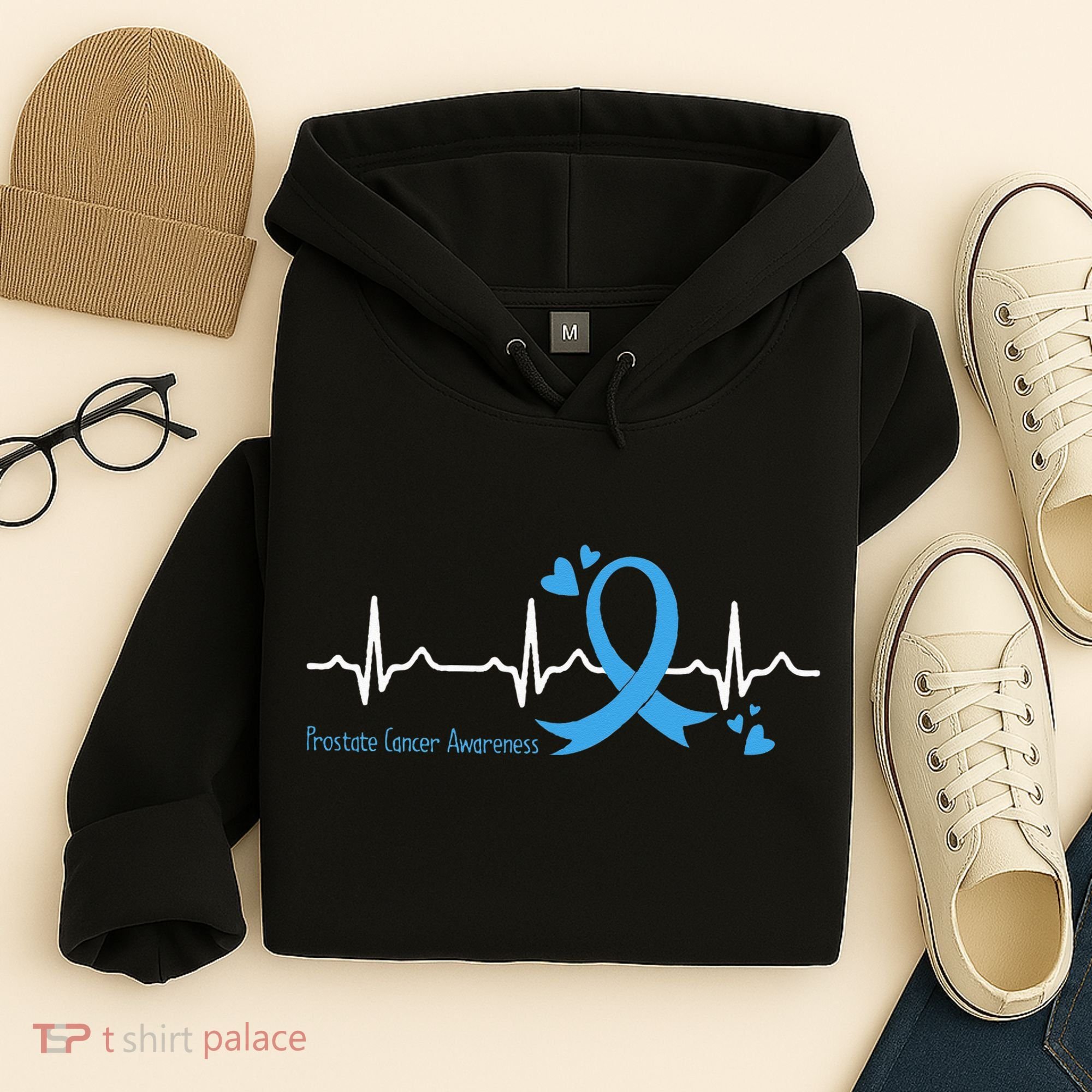Heartbeat Light Blue Ribbon Prostate Cancer Awareness Hoodie