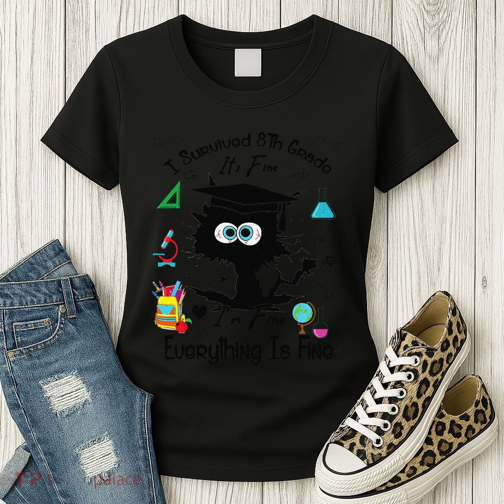 Happy Last Day Of School Funny Black Cat 8th Grade Graduate Women's T-Shirt