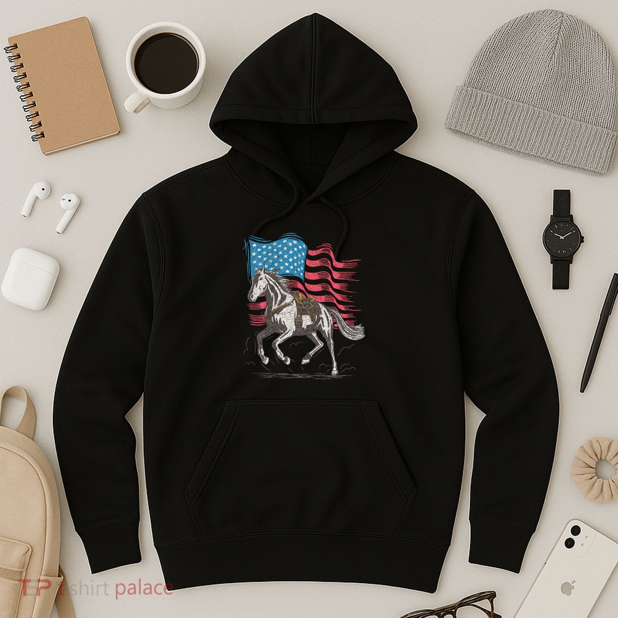 Horse Lover Equestrian American Flag Hoodie