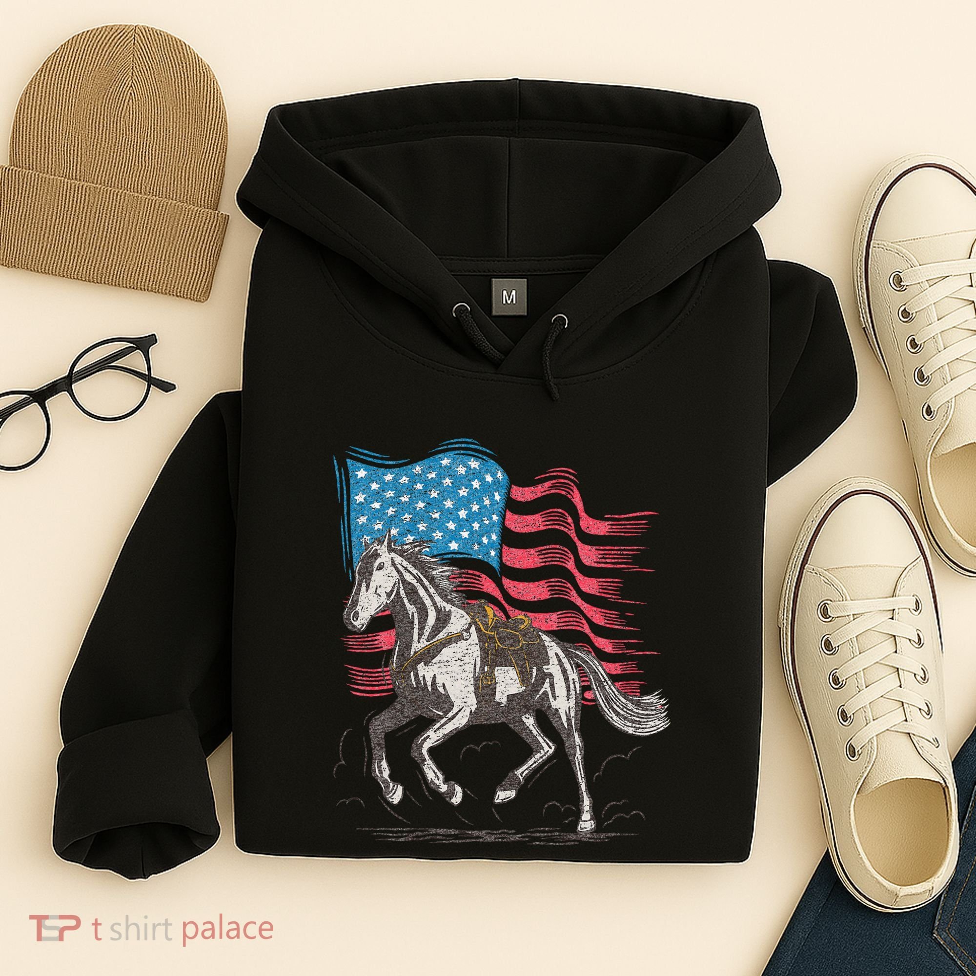 Horse Lover Equestrian American Flag Hoodie