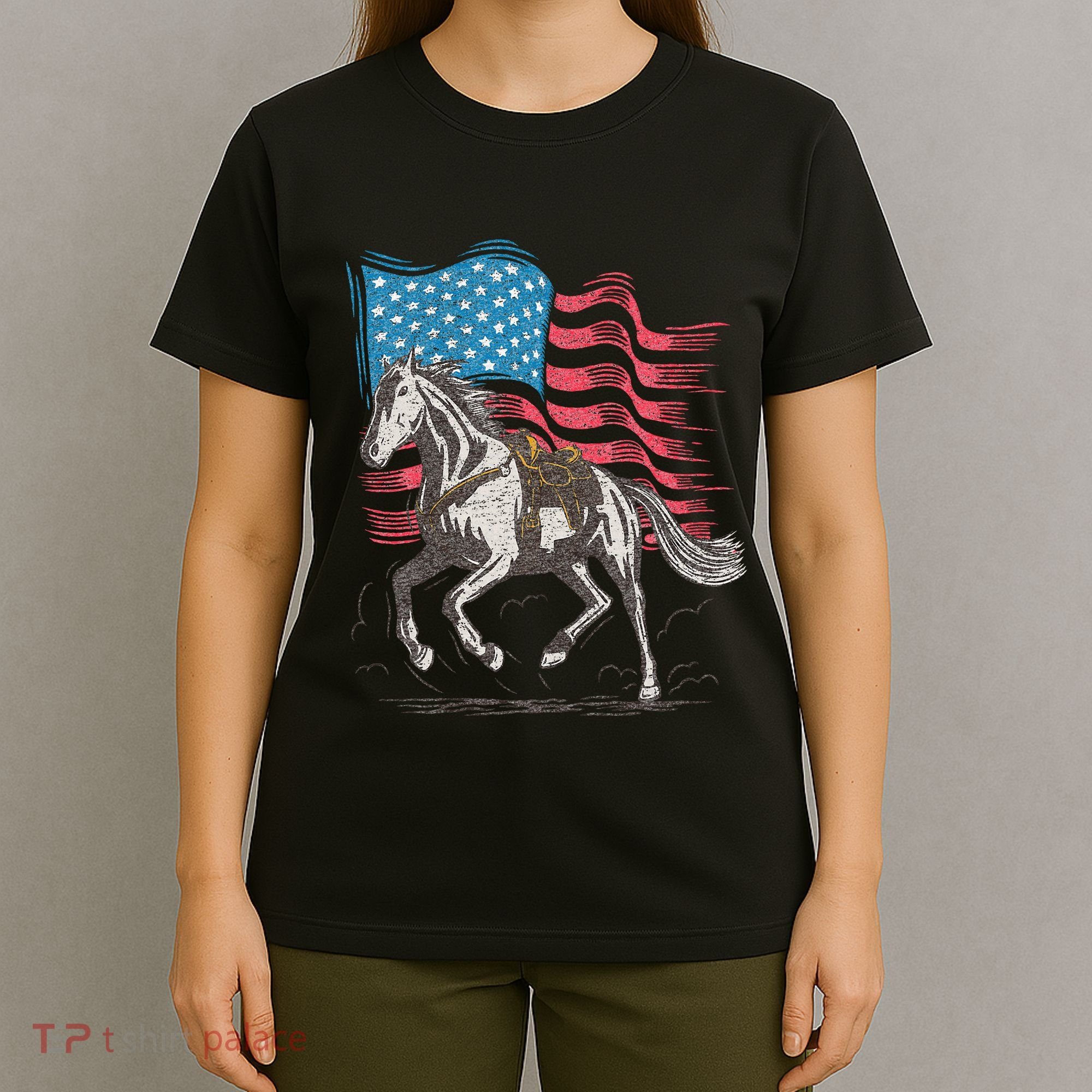 Horse Lover Equestrian American Flag T-Shirt