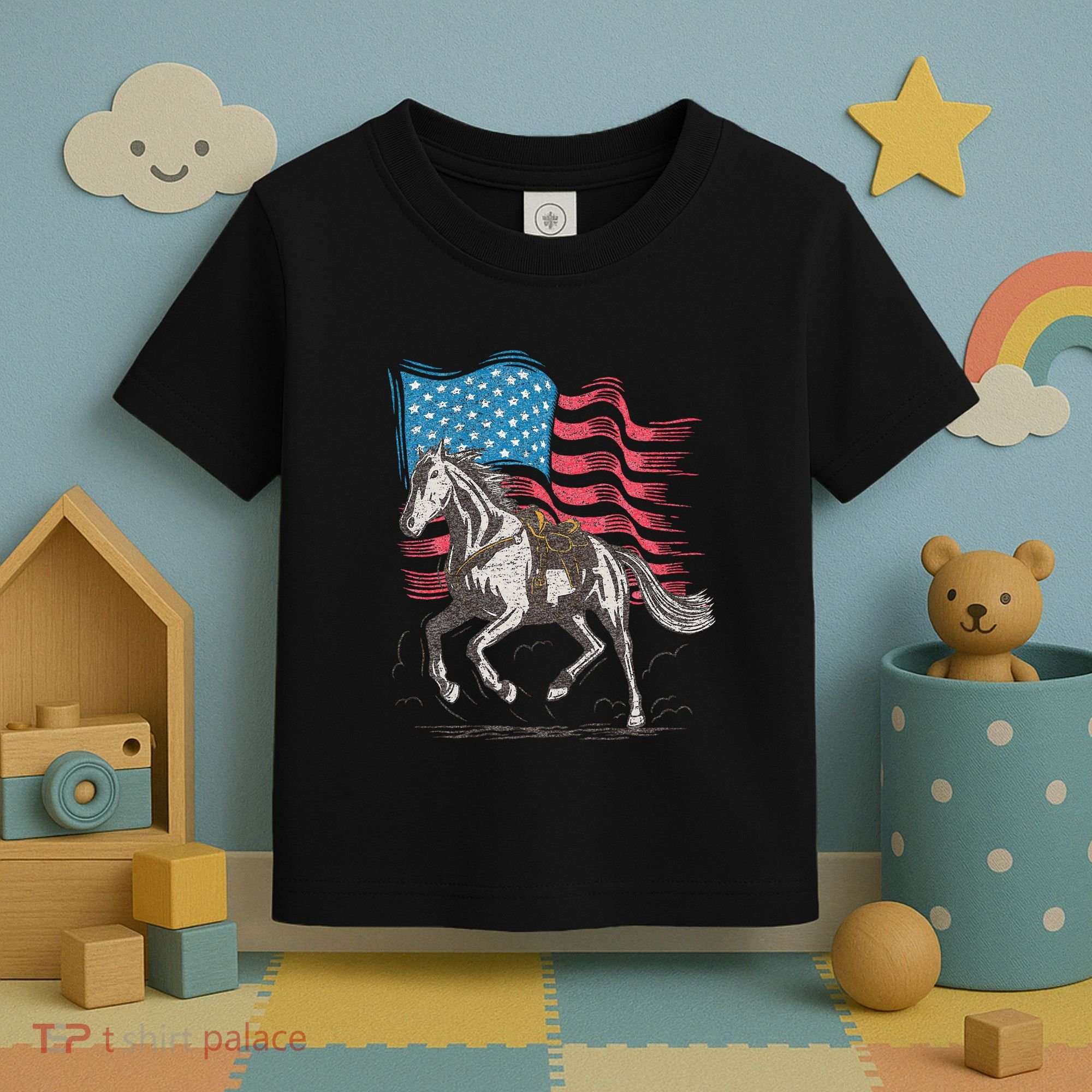 Horse Lover Equestrian American Flag Toddler T-Shirt