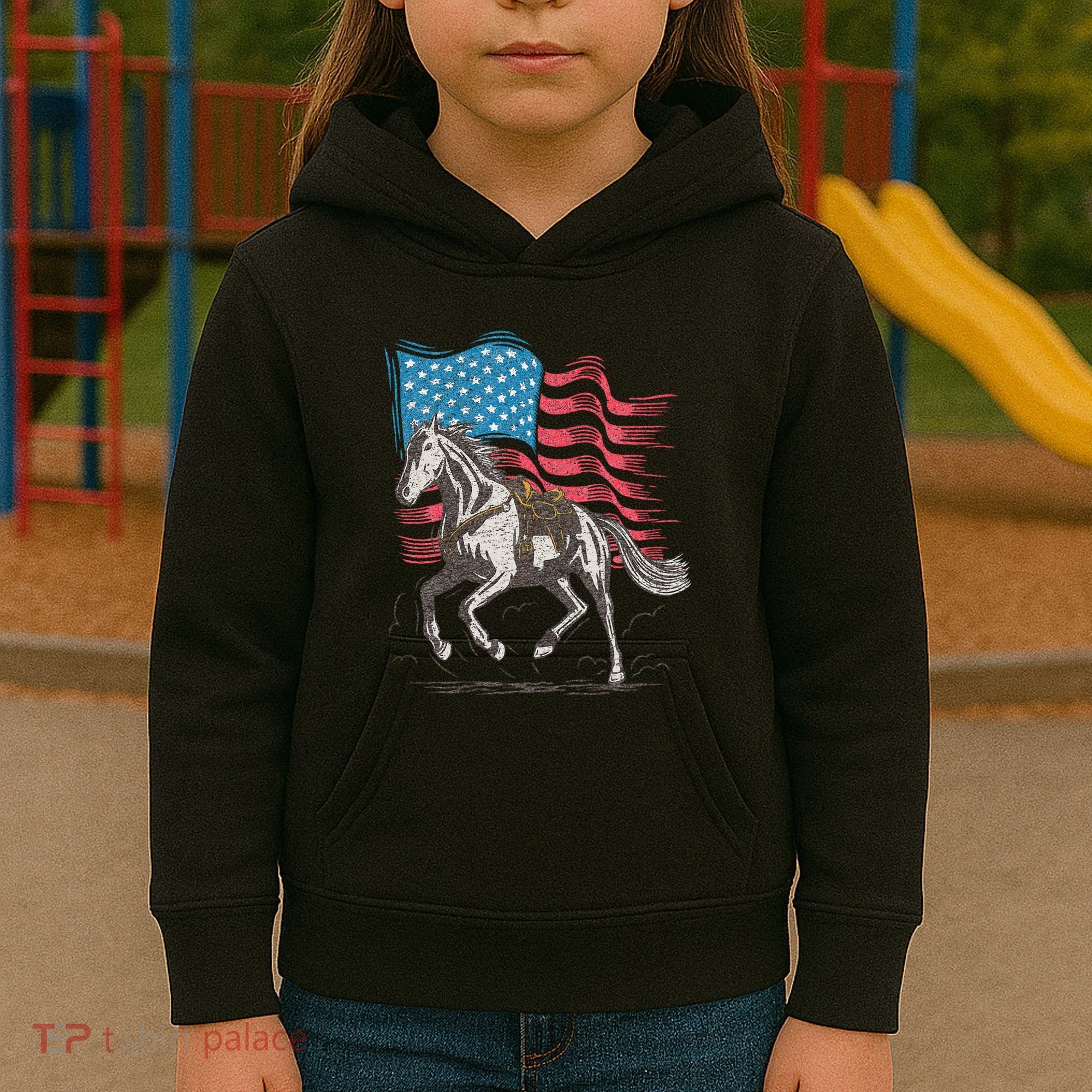 Horse Lover Equestrian American Flag Kids Hoodie