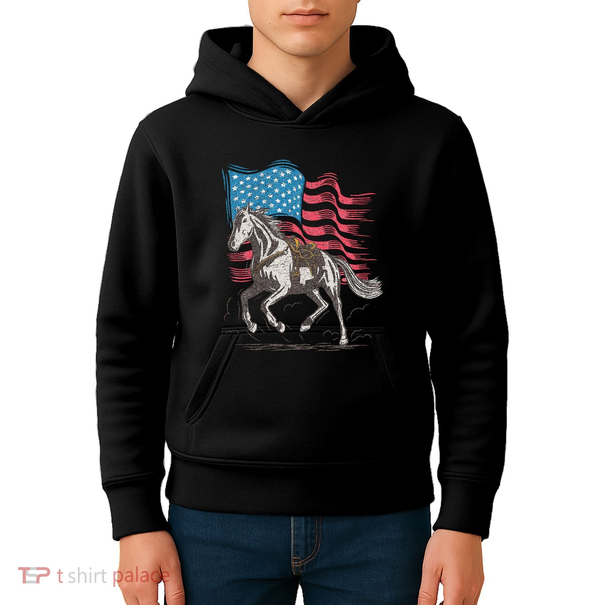 Horse Lover Equestrian American Flag Kids Hoodie