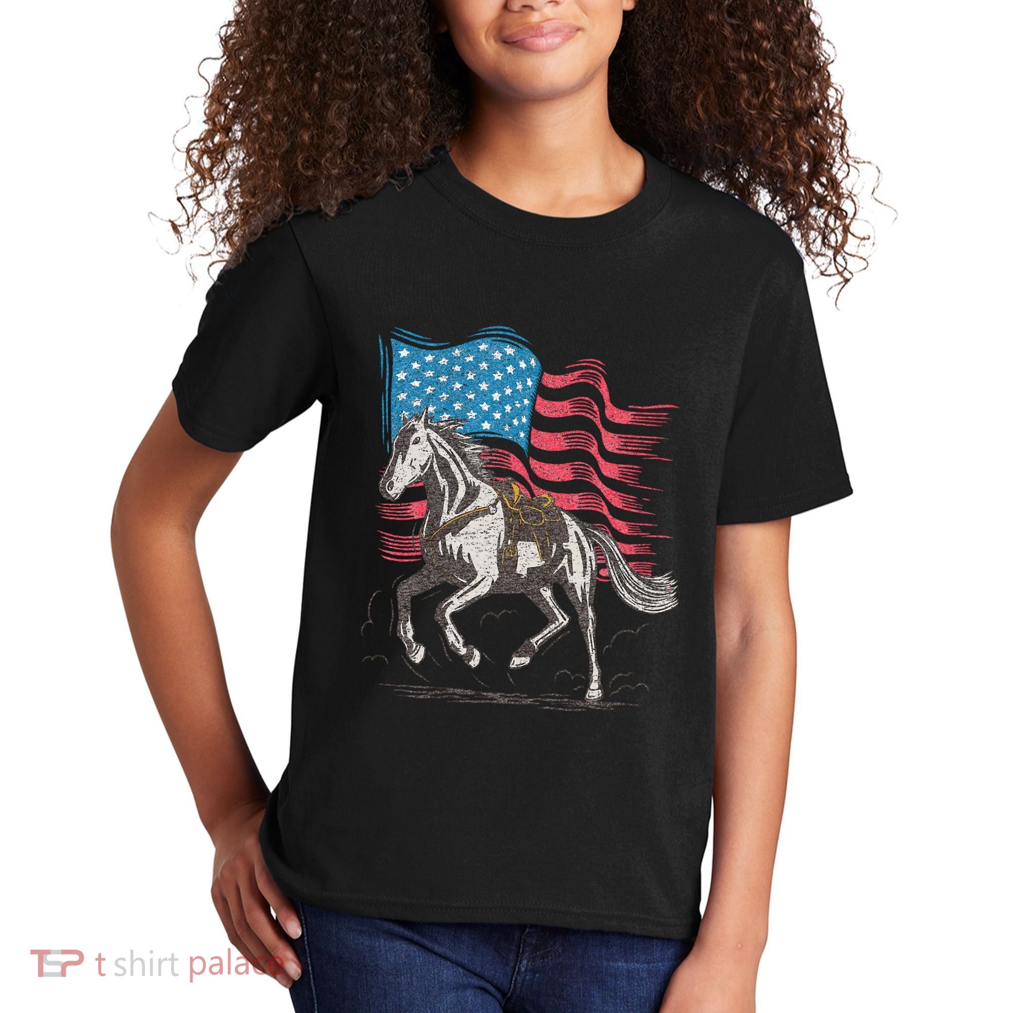 Horse Lover Equestrian American Flag Kids T-Shirt