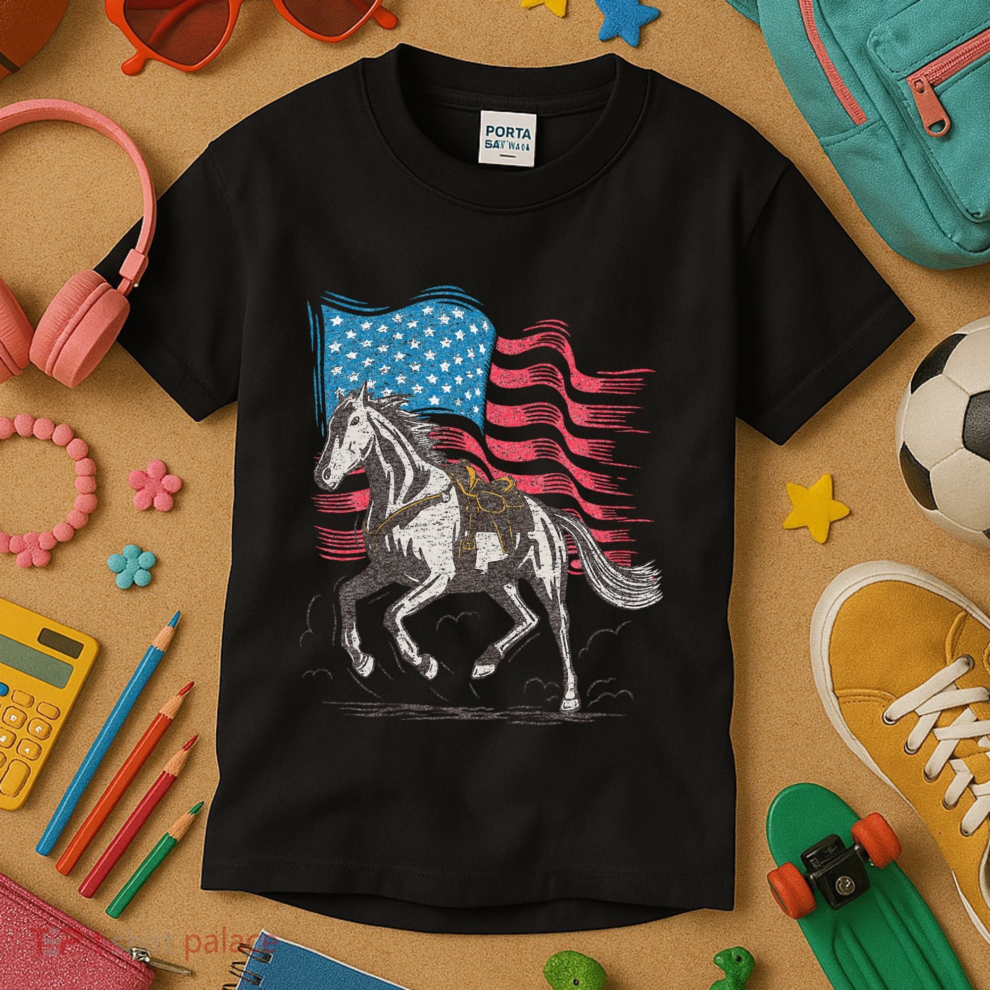 Horse Lover Equestrian American Flag Kids T-Shirt