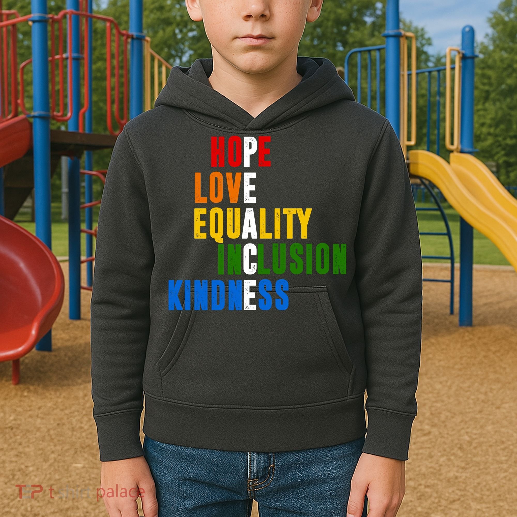 Hope Love Equality Inclusion Kindness Peace Quote Kids Hoodie