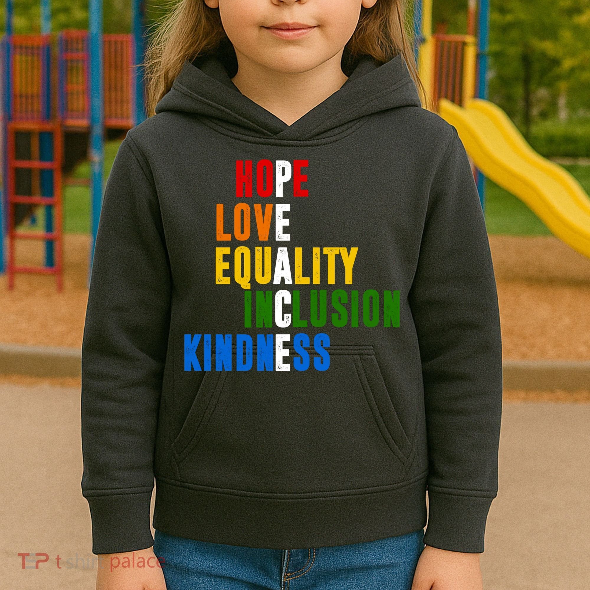Hope Love Equality Inclusion Kindness Peace Quote Kids Hoodie