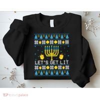 Hanukkah Let's Get Lit Jewish Ugly Sweater Channukah Menorah Sweatshirt thumb 2