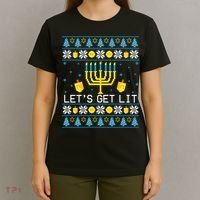 Hanukkah Let's Get Lit Jewish Ugly Sweater Channukah Menorah T-Shirt thumb 4