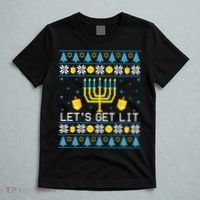Hanukkah Let's Get Lit Jewish Ugly Sweater Channukah Menorah T-Shirt thumb 5