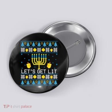 Hanukkah Let's Get Lit Jewish Ugly Sweater Channukah Menorah Button