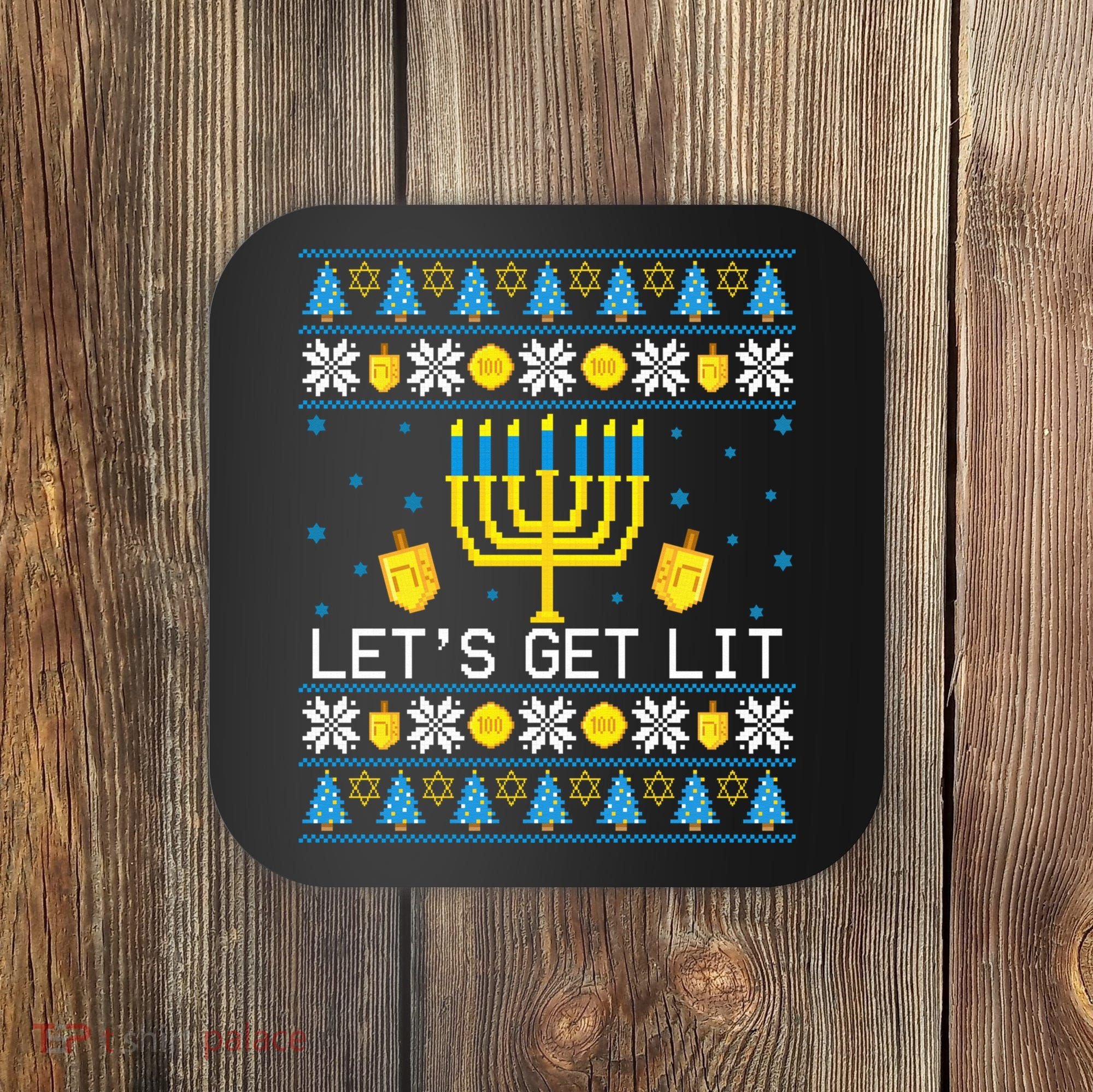 Hanukkah Let's Get Lit Jewish Ugly Sweater Channukah Menorah Coaster