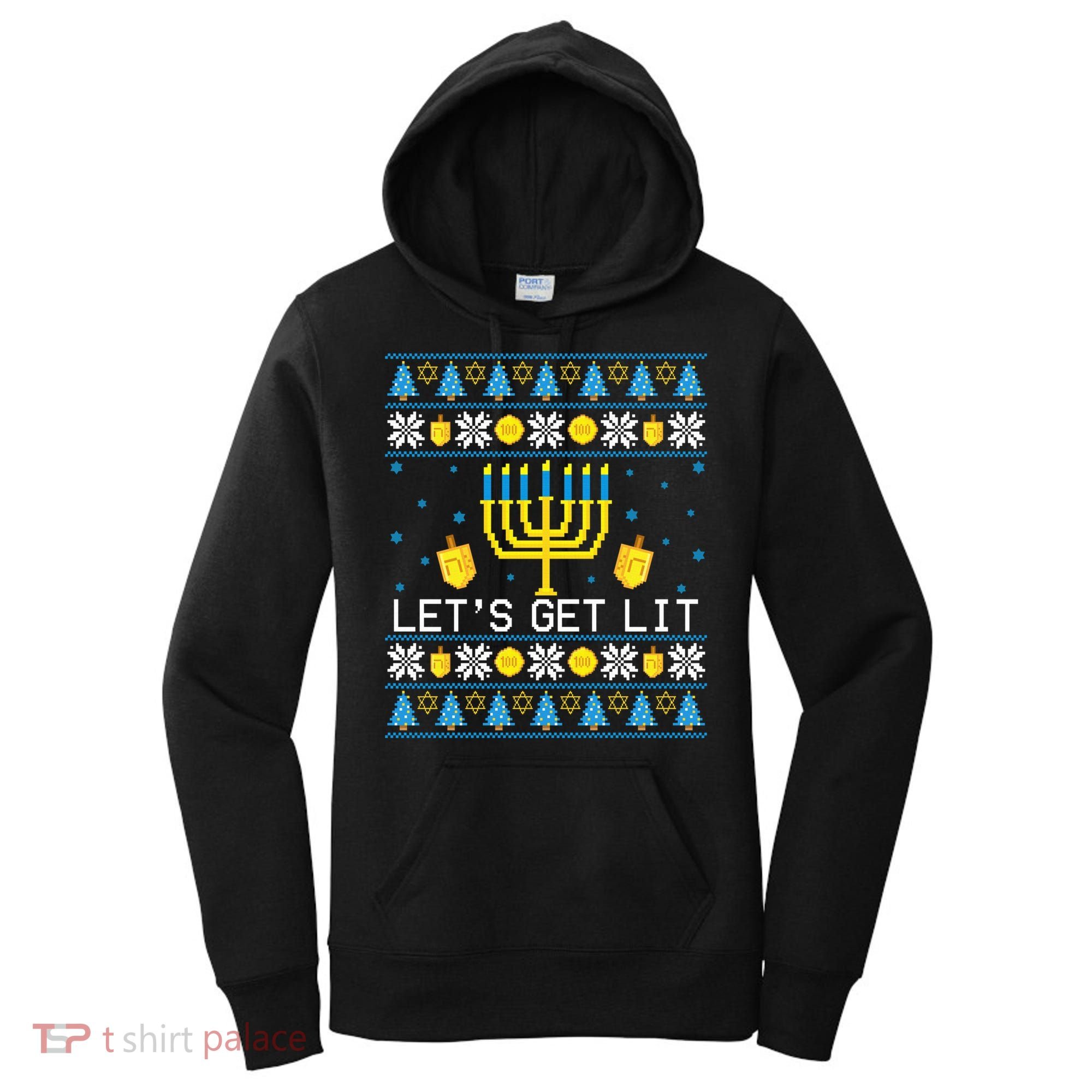 Hanukkah Let's Get Lit Jewish Ugly Sweater Channukah Menorah Women's Hoodie
