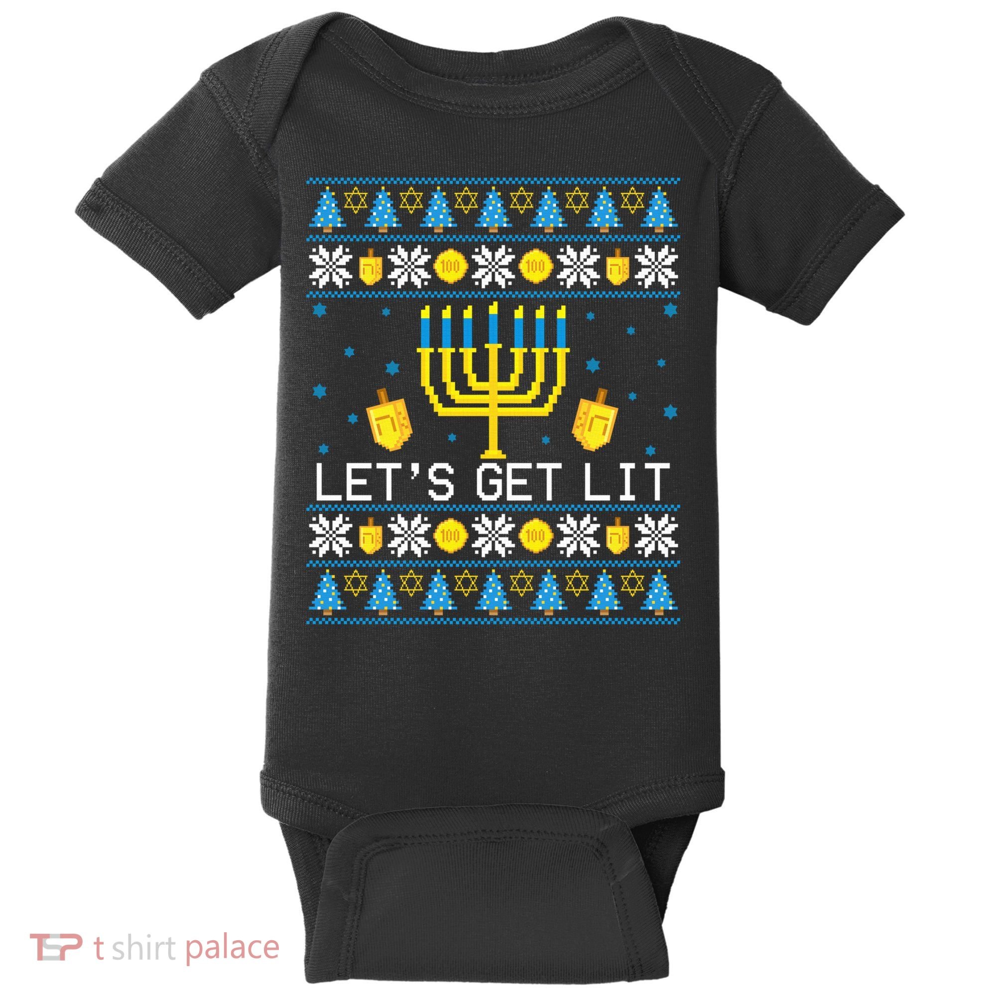 Hanukkah Let's Get Lit Jewish Ugly Sweater Channukah Menorah Baby Bodysuit