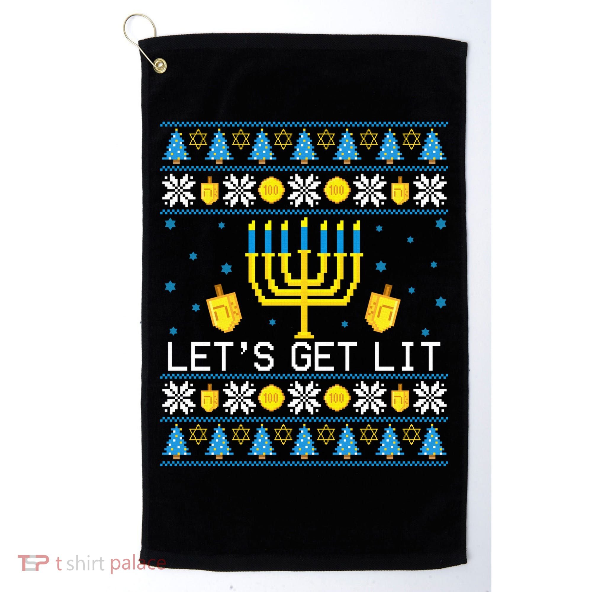 Hanukkah Let's Get Lit Jewish Ugly Sweater Channukah Menorah Golf Towel