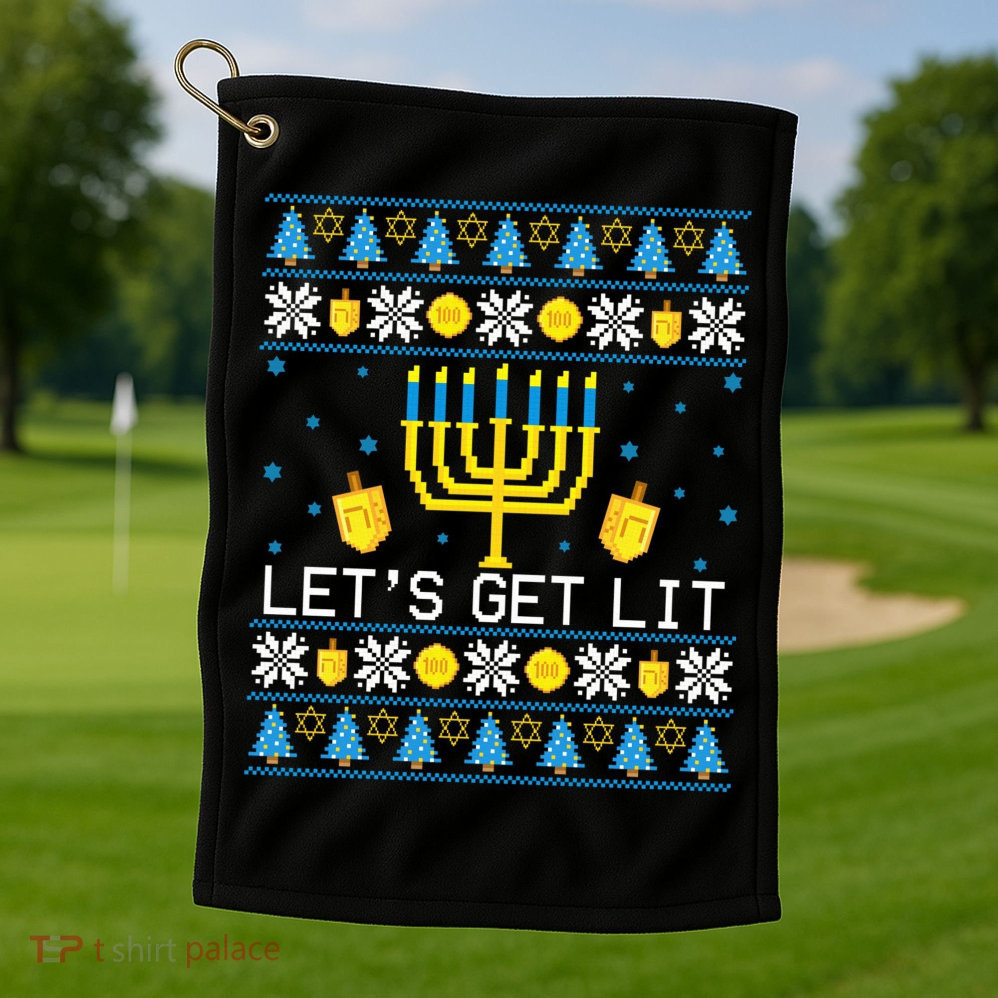 Hanukkah Let's Get Lit Jewish Ugly Sweater Channukah Menorah Golf Towel