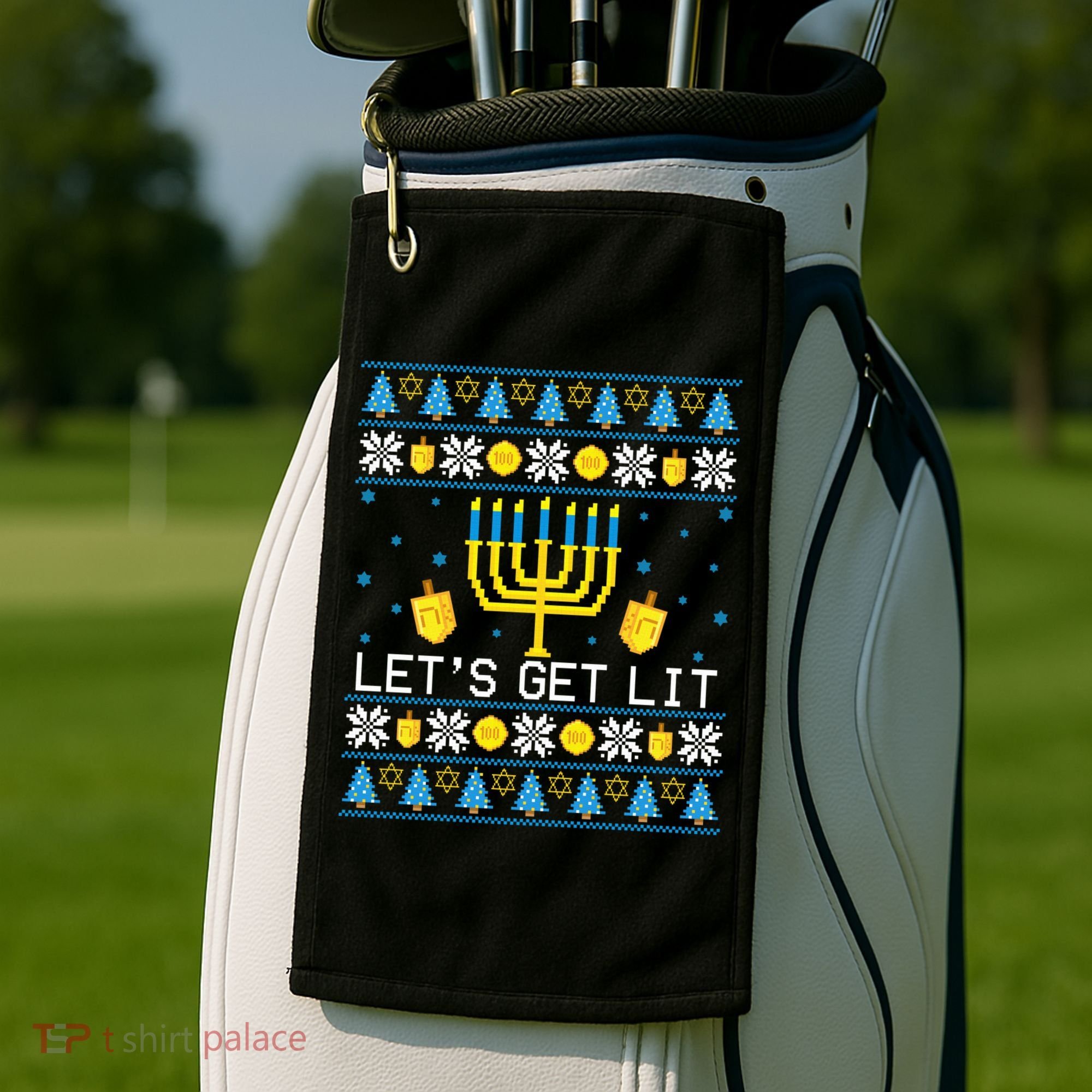 Hanukkah Let's Get Lit Jewish Ugly Sweater Channukah Menorah Golf Towel