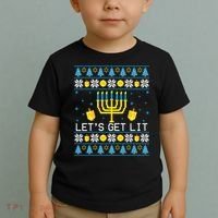 Hanukkah Let's Get Lit Jewish Ugly Sweater Channukah Menorah Toddler T-Shirt thumb 2