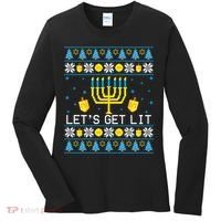 Hanukkah Let's Get Lit Jewish Ugly Sweater Channukah Menorah Women's Long Sleeve Shirt thumb 0