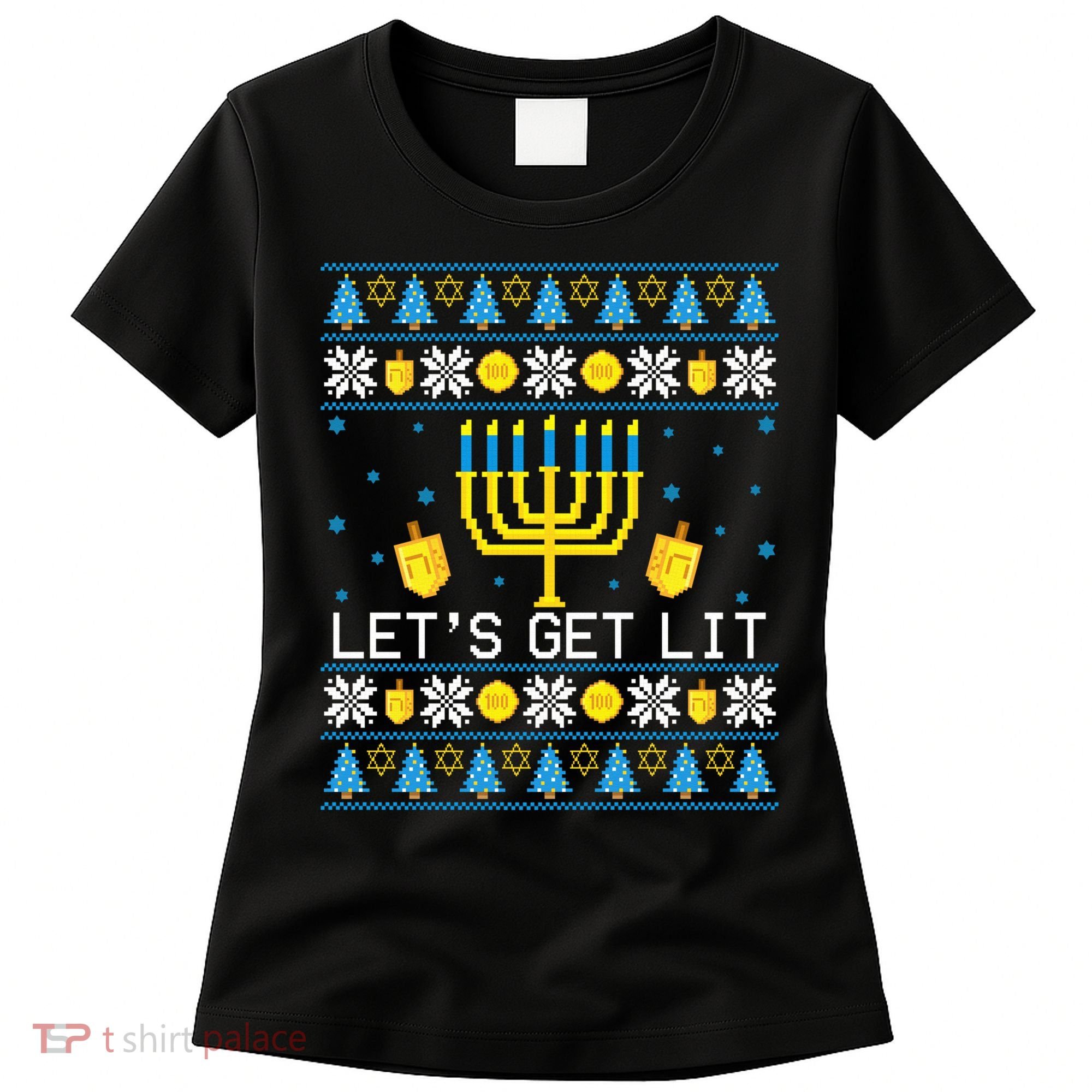Hanukkah Let's Get Lit Jewish Ugly Sweater Channukah Menorah Women's T-Shirt